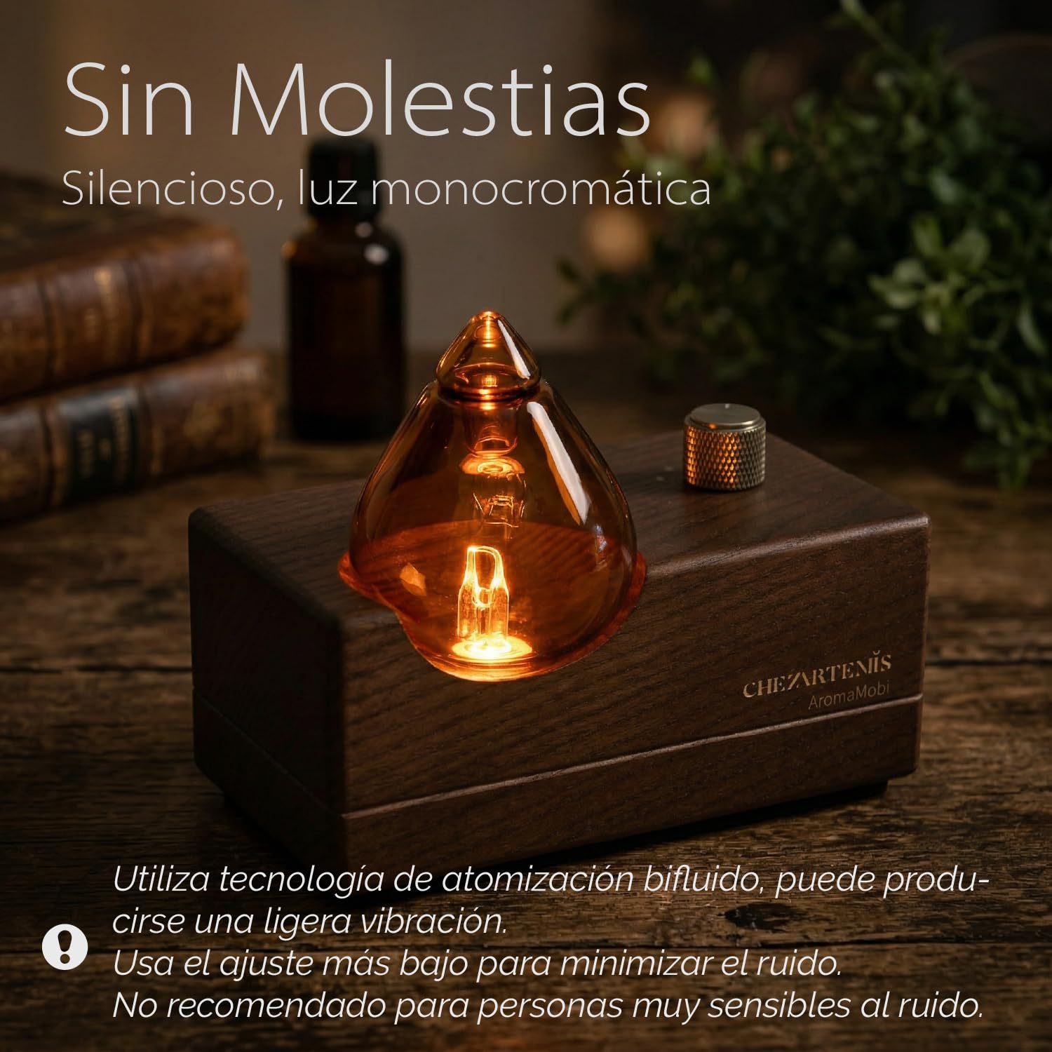 Amber Aromaterapia Difusor Aceites Esenciales Sin Agua Nebulizador Vidrio Ámbar Madera Nogal Recargable Inalámbrico Hogar Temporizador LED