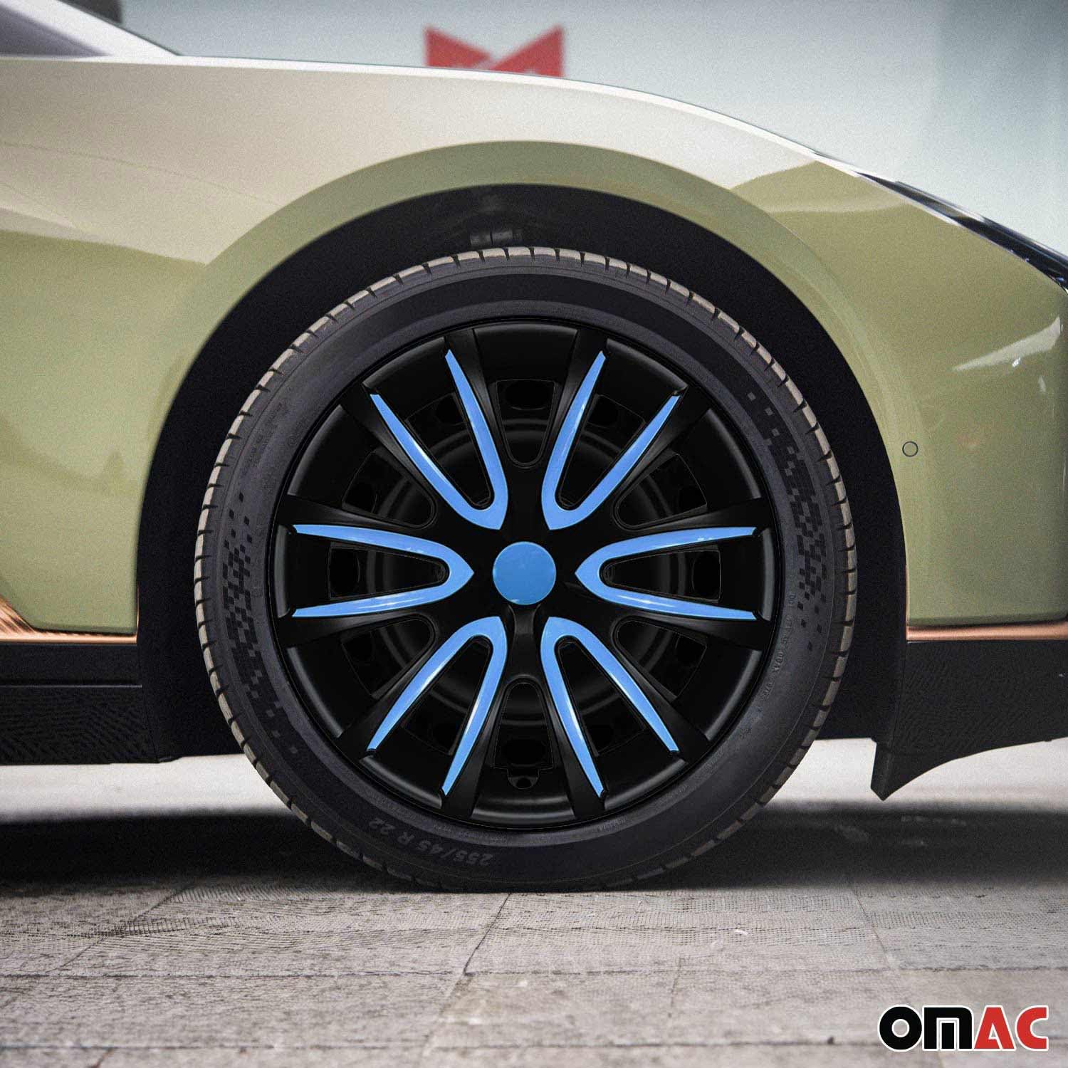 OMAC 4X Radkappen Radzierblenden Radblenden 15" Zoll Stahlfelgen Matt Schwarz-Blau