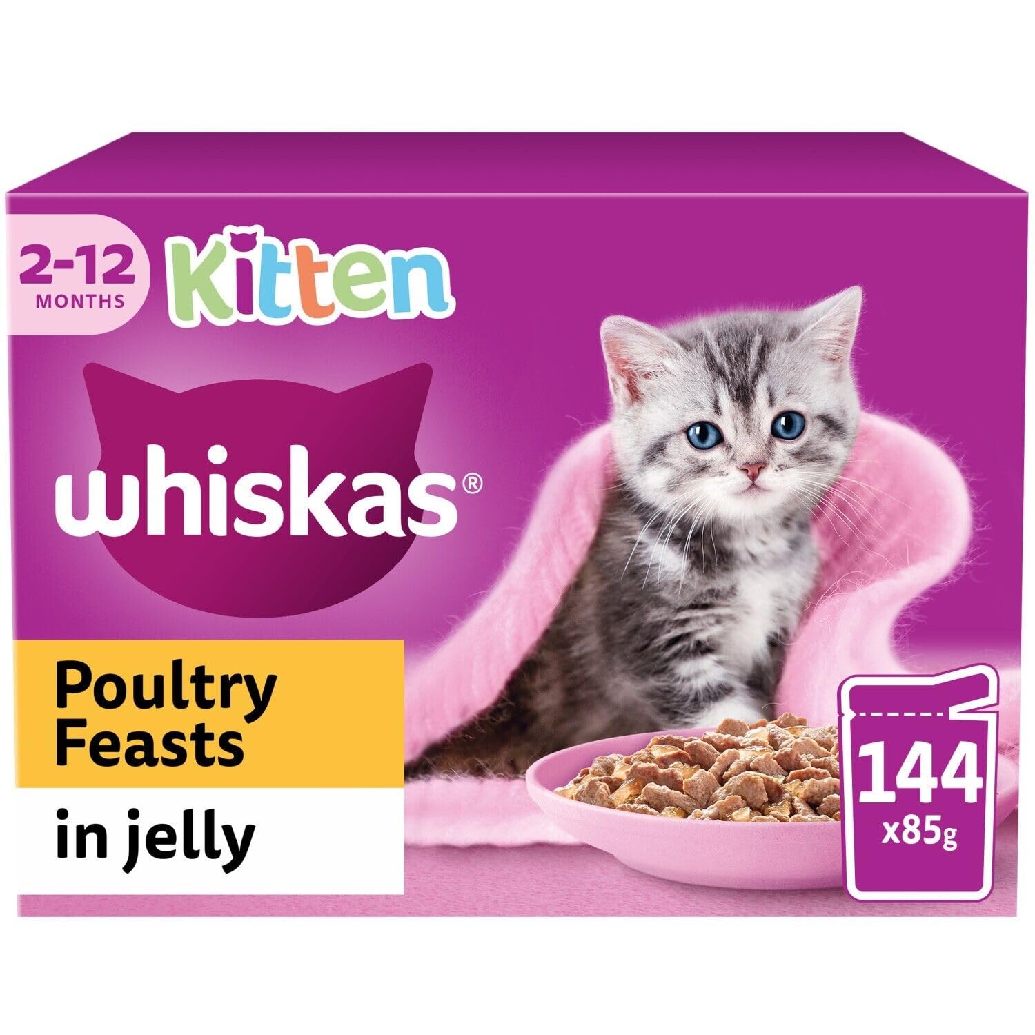 Kitten Food Wet, 2-12 Months, Poultry Feasts in Jelly, 144 x 85g Cat Food Pouches