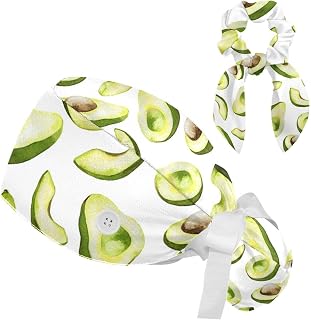 2 Pieces Surgical Cap for Long Hair Scrub Cap with Hairband Nurse Cap, Seamless Pattern Cartoon Avocado Fruit