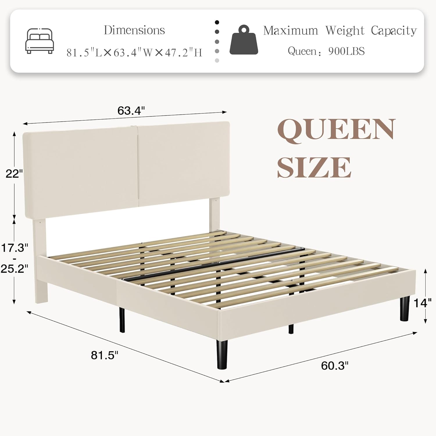 VECELO Queen Bed Frame with Type-C & USB Ports, Upholstered Platform Height-Adjustable Cotton and Linen Headboard, No Box Spring Needed, Noise-Free, Easy Assembly, Beige