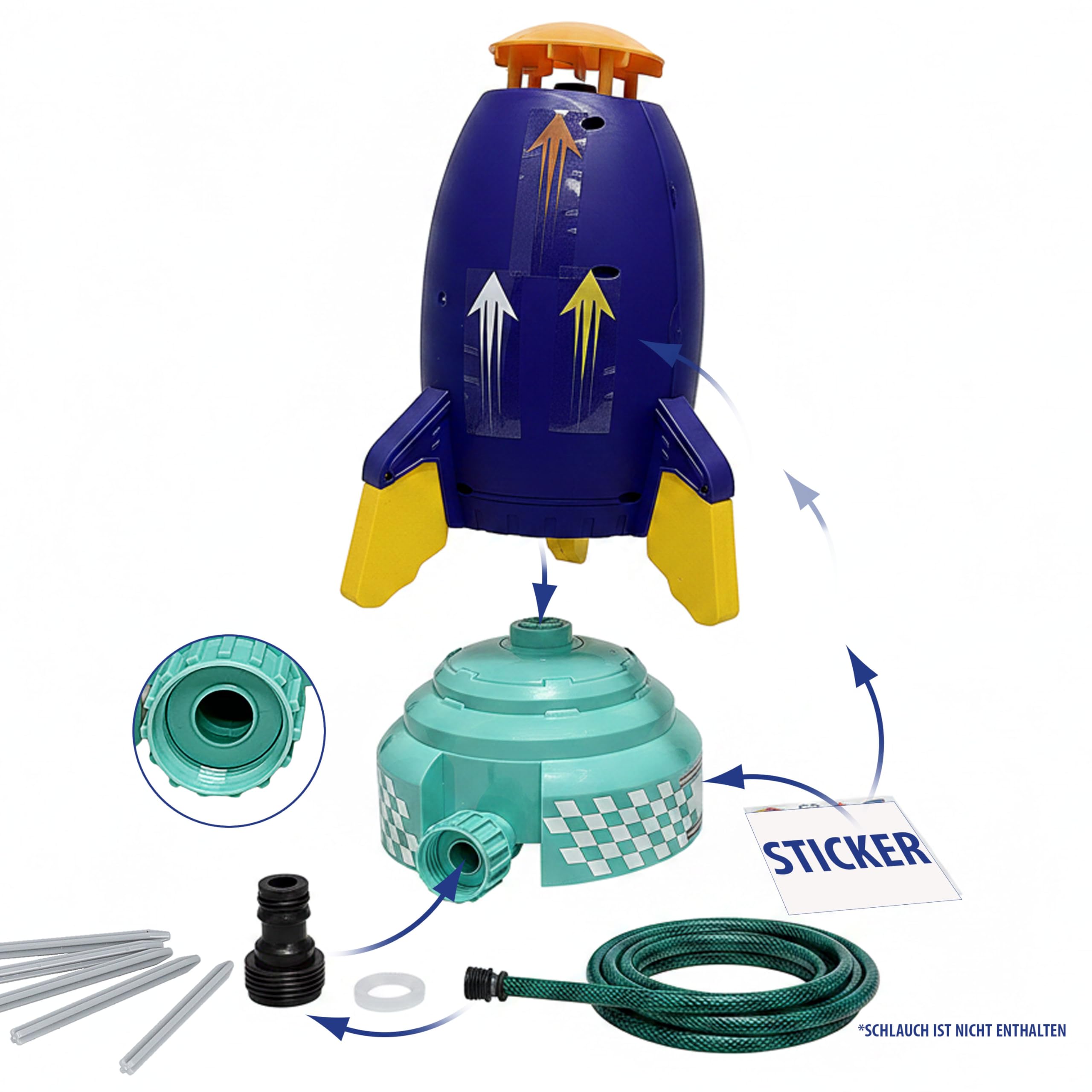 Wassersprinkler Rakete | Kunststoff 24cm Mehrfarbig | Base Schlauadapter Sticker | Kinderspielzeug Wasserfontäne Sommer | Spielgerät für den Garten