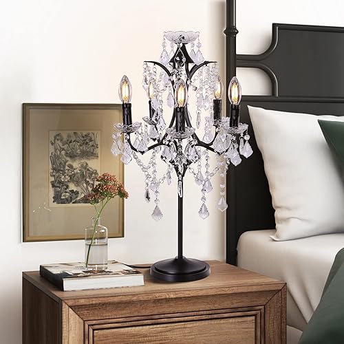 Miniatura 3 de TOCHIC Lámpara de mesa de cristal tradicional de 5 luces, candelabro negro para manualidades, 30 pulgadas de alto para sala de estar, sala de