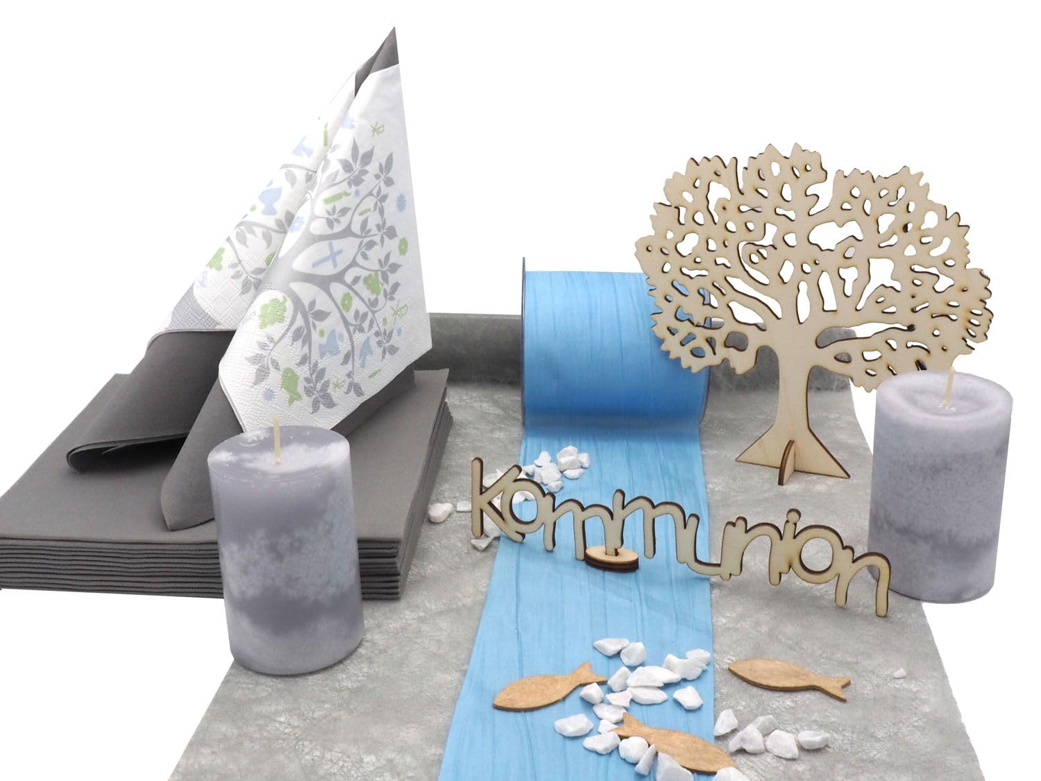 ZauberDeko Tischdeko Kommunion Konfirmation Blau Hellblau Grau Weiß Baum Set 20 Personen, Modell:Kommunion