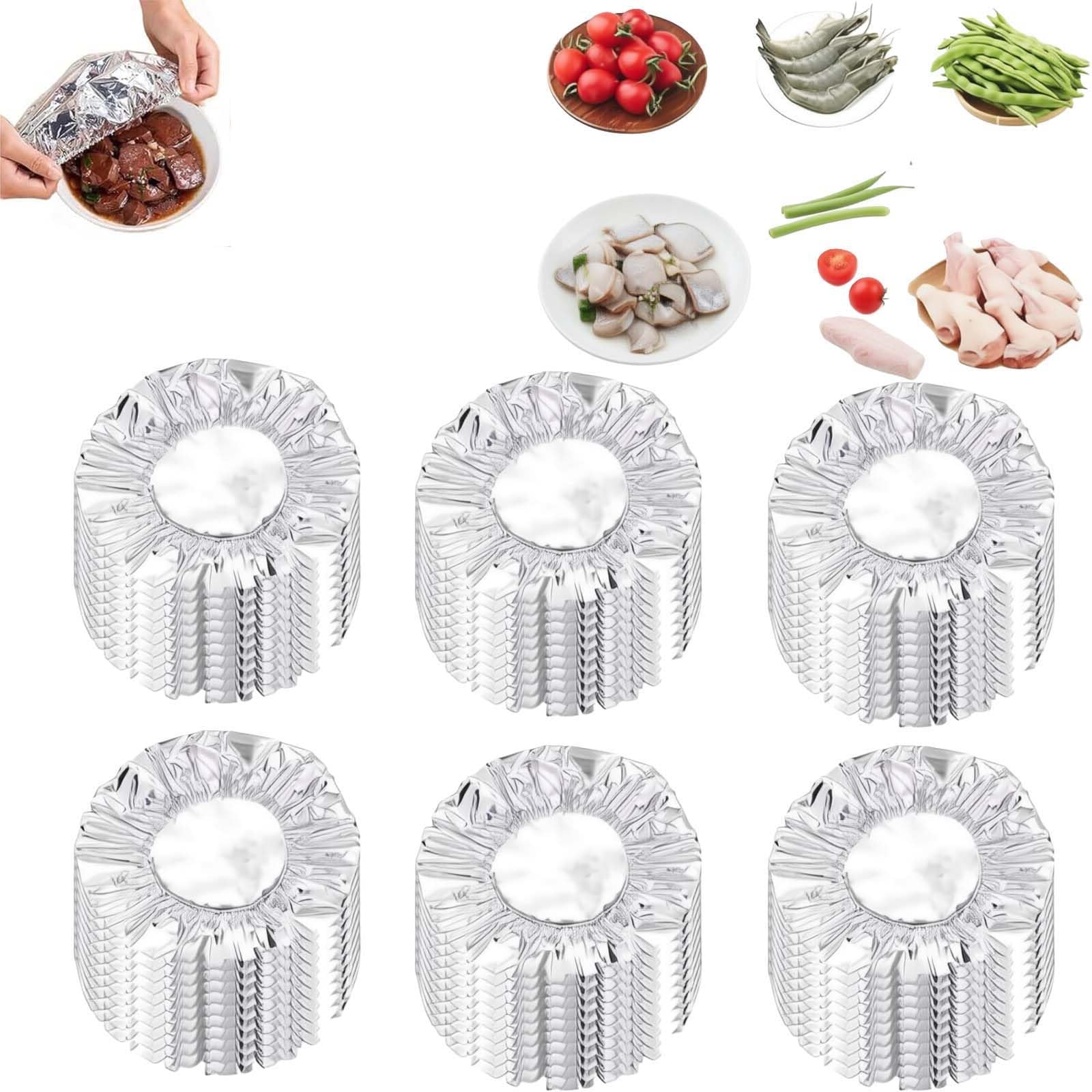 30Pack Aluminum Foil Insulation Covers for Meals Prep, Elastic Food Covers for Fruits Vegetables Leftovers Refrigerator Storage, Aluminum Foil Elastic Food Cover for Kitchen Parties. (60PCS)