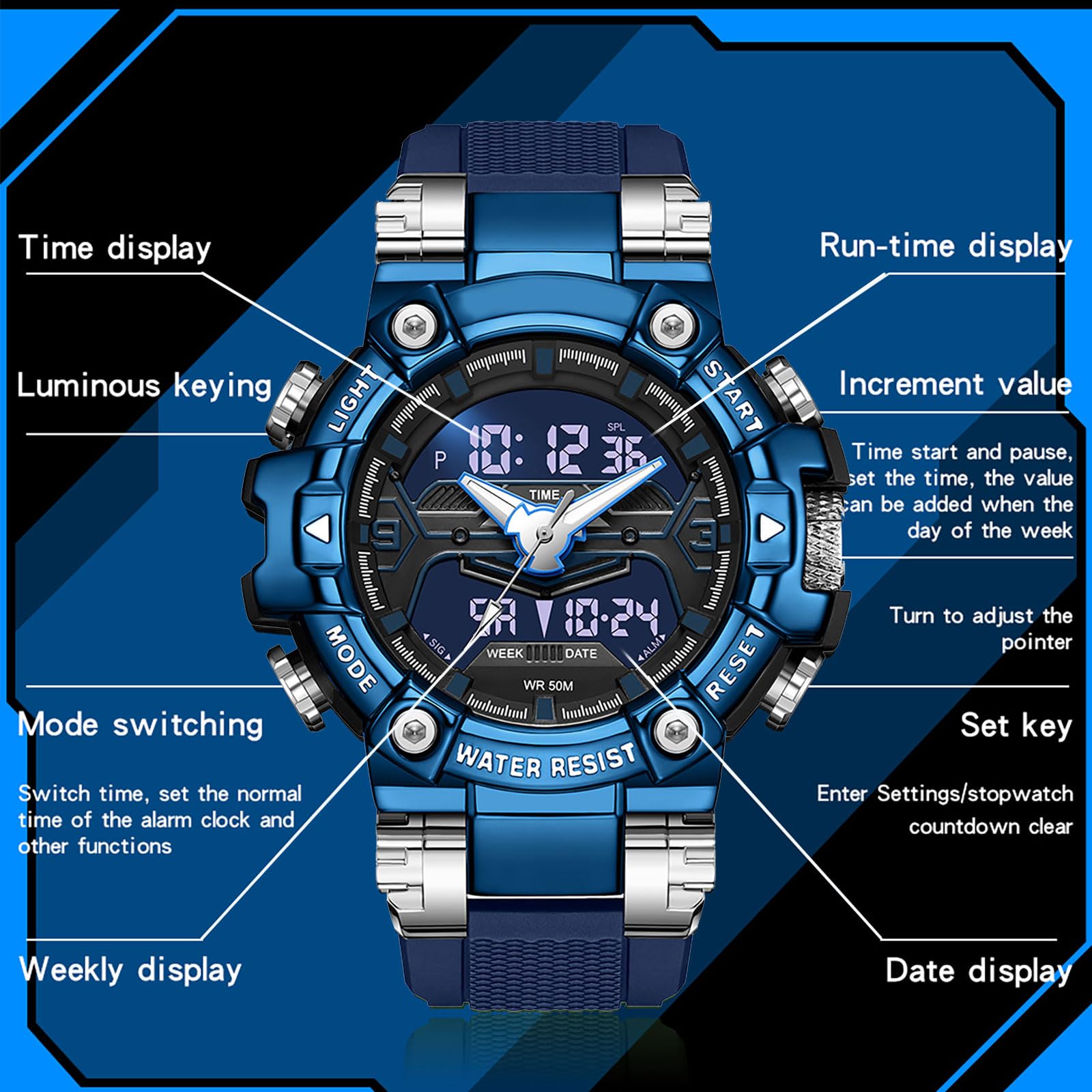 findtime Orologio da polso digitale da uomo, analogico, doppio display, nero, resistente agli urti, sportivo, con cronometro, illuminazione LED, allarme, data