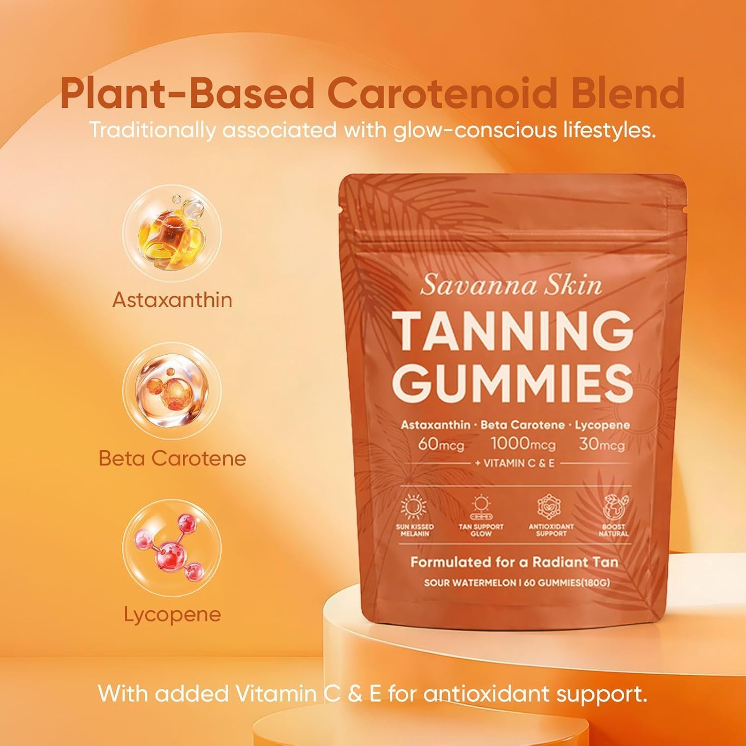 Savanna Skin Natural Tanning Gummies - Vitamin C & E, Astaxanthin & Beta Carotene for Radiant Glow & Hydration, Non-GMO Vegan Sugar-Free, 60 Count