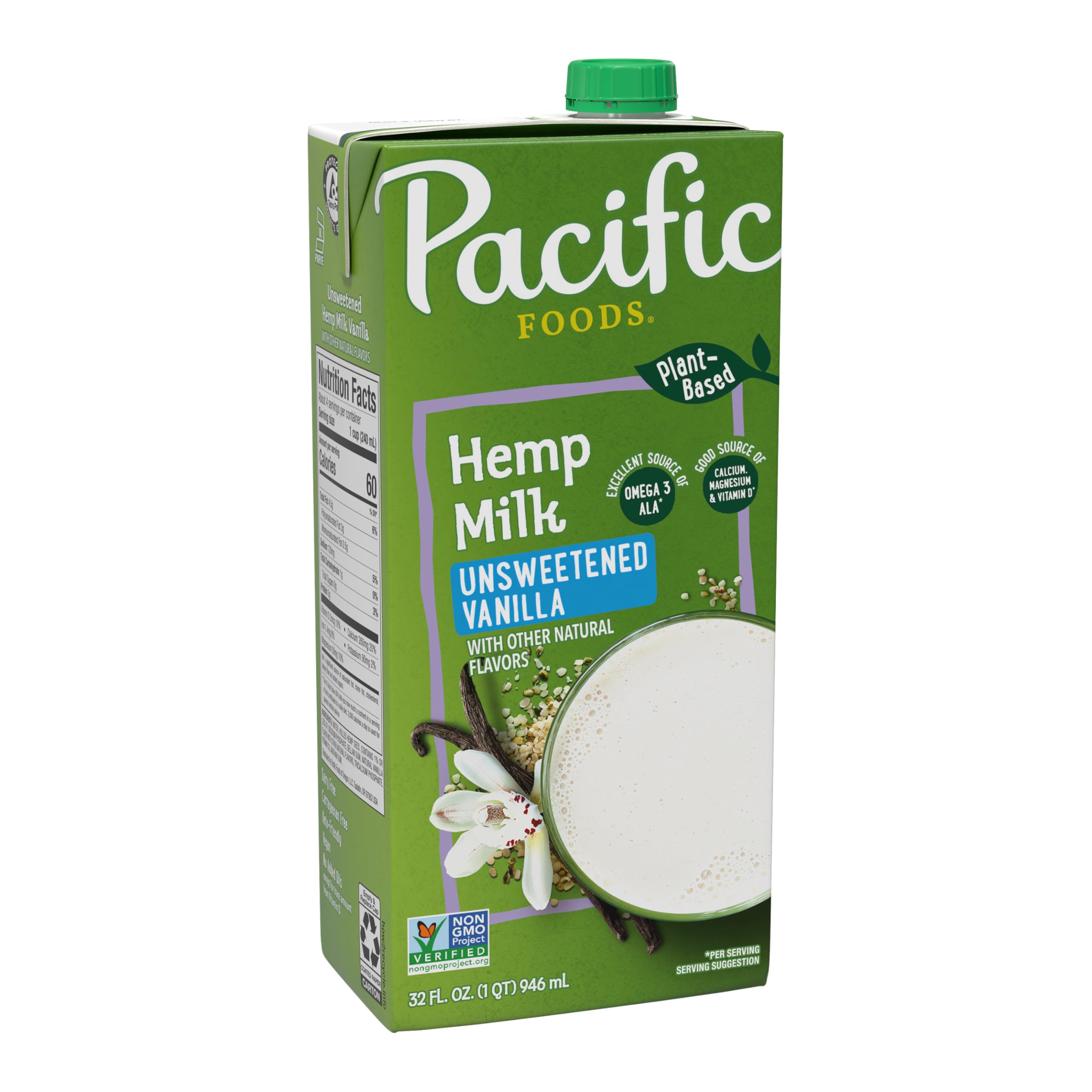 Unsweetened Vanilla Hemp Milk, Plant Based Milk, 32 oz Carton