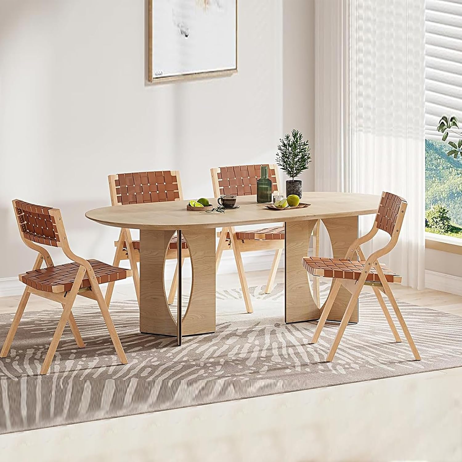 Solid Wood Folding Chairs, Foldable Chairs Wooden Leather Indoor Stackable Dining Chairs for Kitchen & Dining Room Chair Woven Seat & Webbing Back, Dining Chair Set of 2