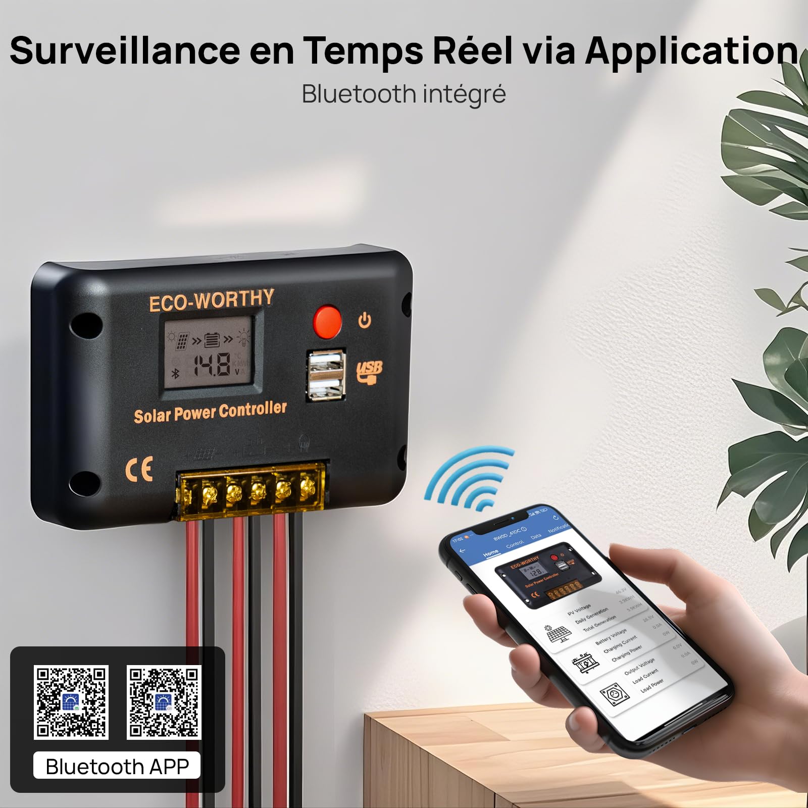 ECO-WORTHY Contrôleur de Charge solaire 30 A pour Panneaux Solaires et Batteries, Contrôleur Intelligent avec 2 Ports USB, PWM 12/24 V, Compatible avec les Batteries au Lithium, au Plomb et au Gel.