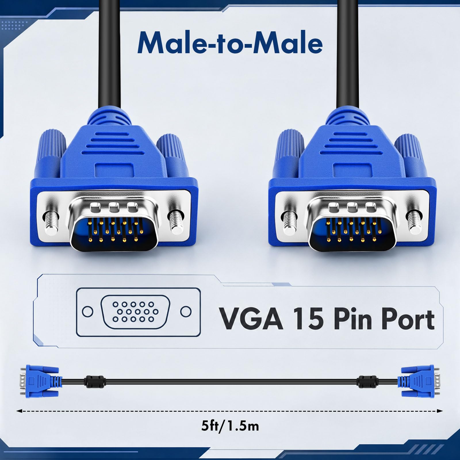 Sabary Confezione da 20 cavi VGA da 1,5 m HD15 maschio a maschio, ad alta velocità, 1080p FHD 60 Hz, adattatore video ad alta risoluzione per monitor, TV, PC, proiettore, console di gioco, confezione