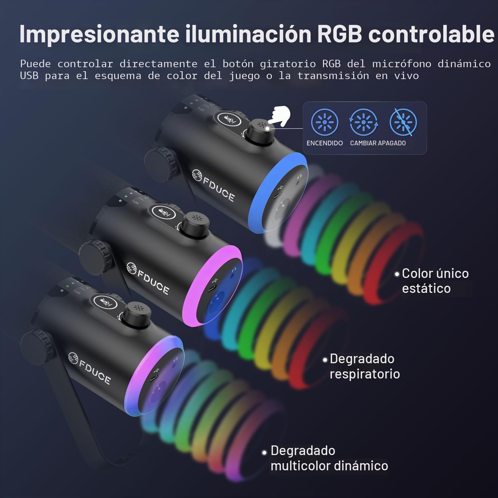 FDUCE - Kit de micrófono de juego USB/XLR, micrófono dinámico para PC para podcasting y transmisión, kit de micrófono RGB para computadora con soporte de brazo extensible, botón de silencio y conector