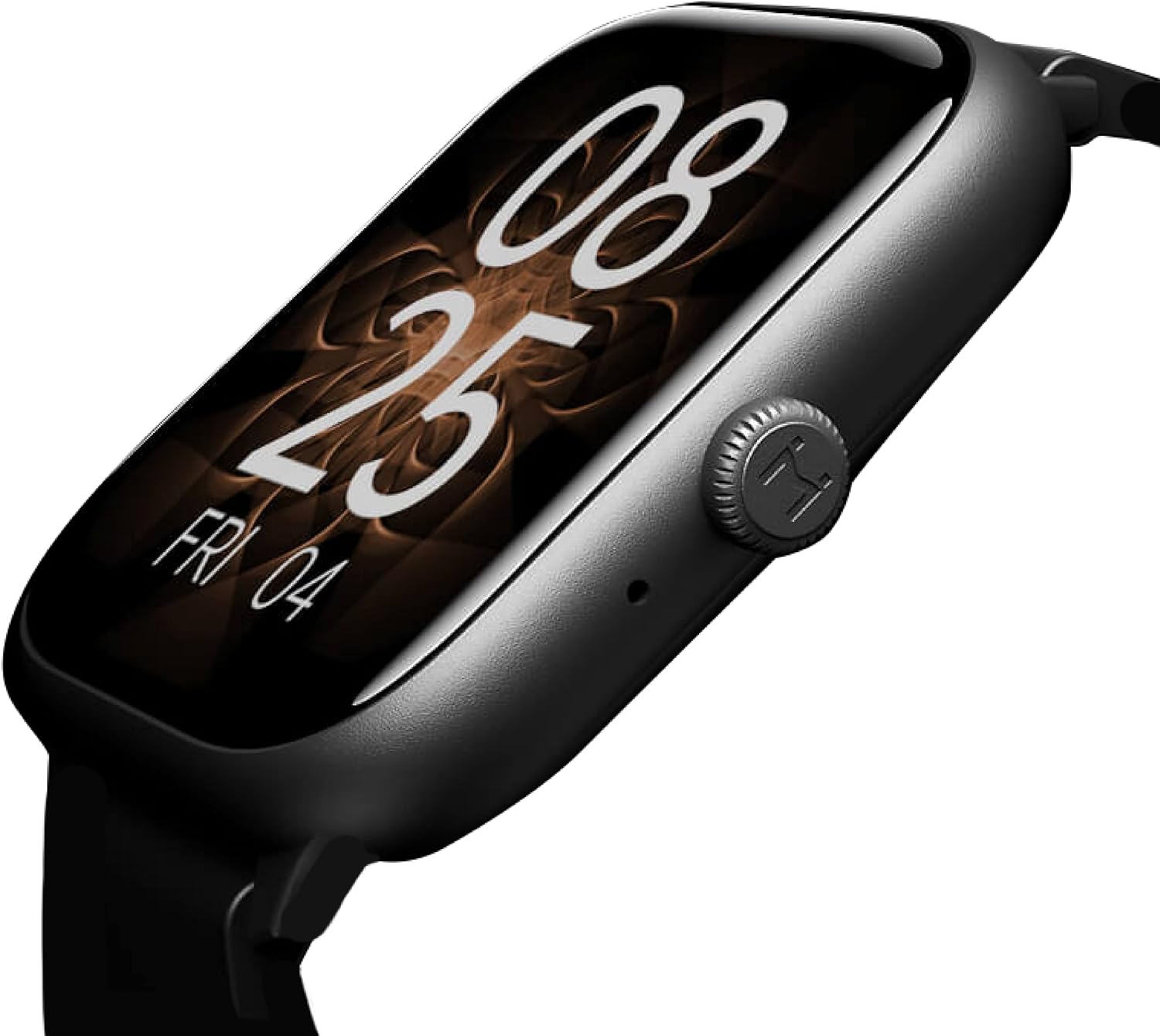Primo piano laterale view dello smartwatch IMIKI FRAME ST1, che mostra la corona girevole e il foro per il microfono.