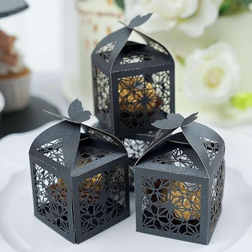 Efavormart - 25 cajas de dulces de regalo con estampado de encaje con estampado de mariposa marfil