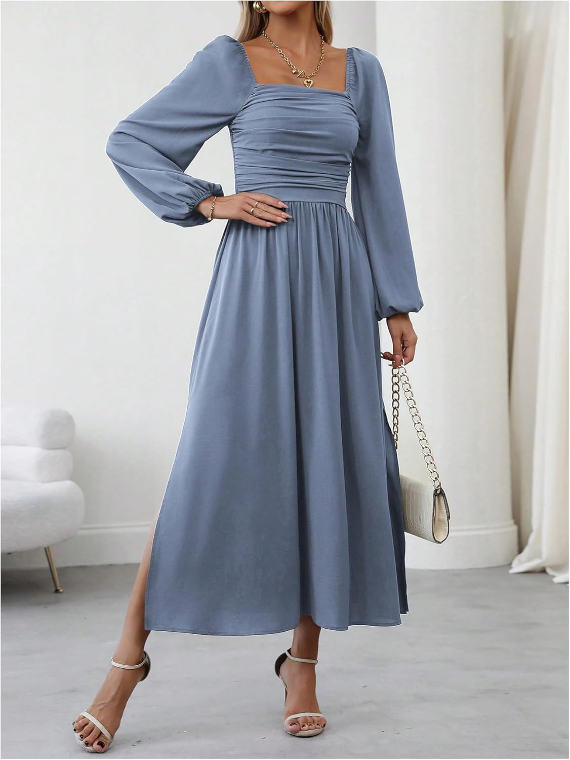 Floerns Women's Square Neck Lantern Long Sleeve Dress Split Ruched Party Midi Dresses - Image 4