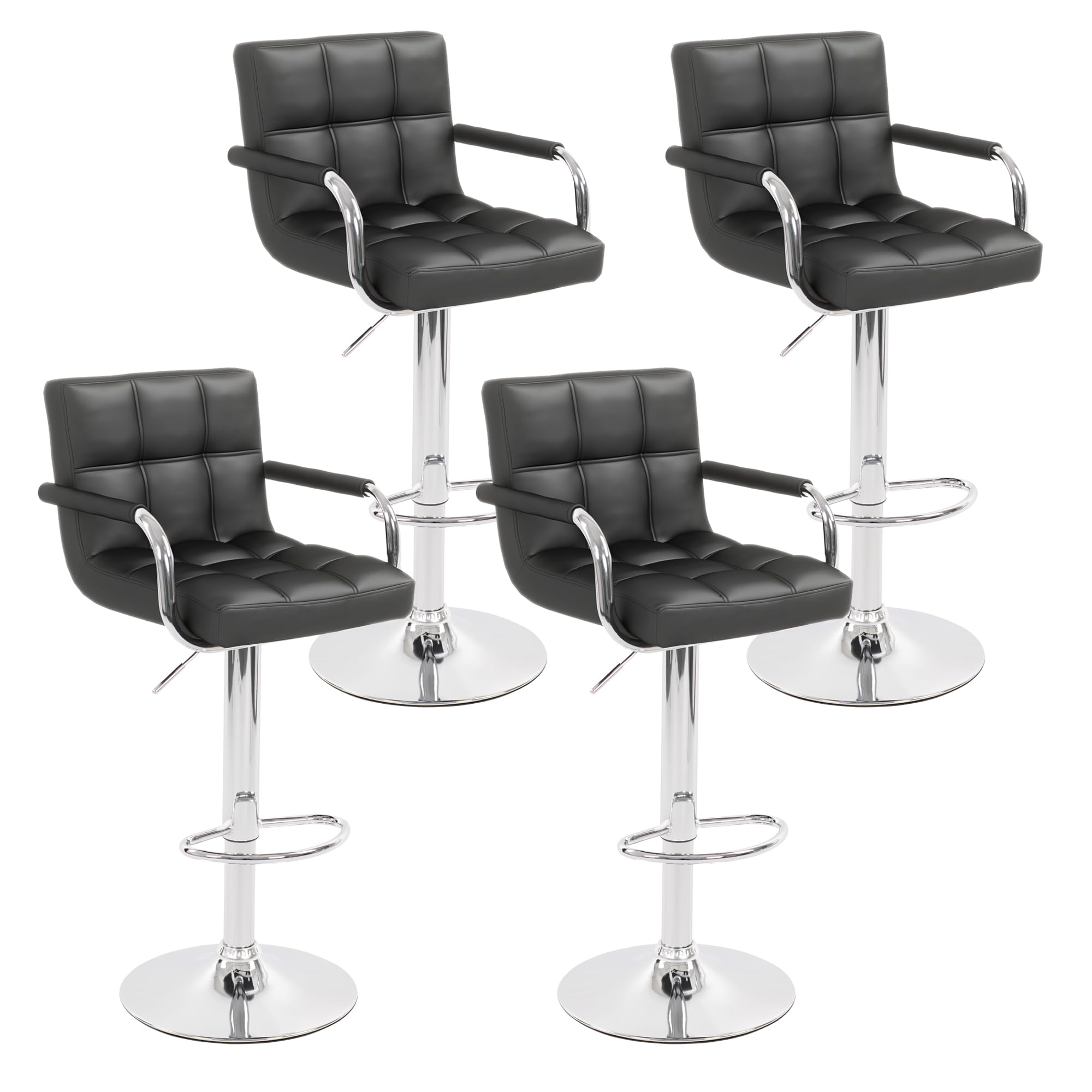 Gentlemoods Modern PU Leather Bar Stools Set of 4, Adjustable Swivel Square Bar Chairs, Counter Height Barstools with Arms and Large Base for Island/