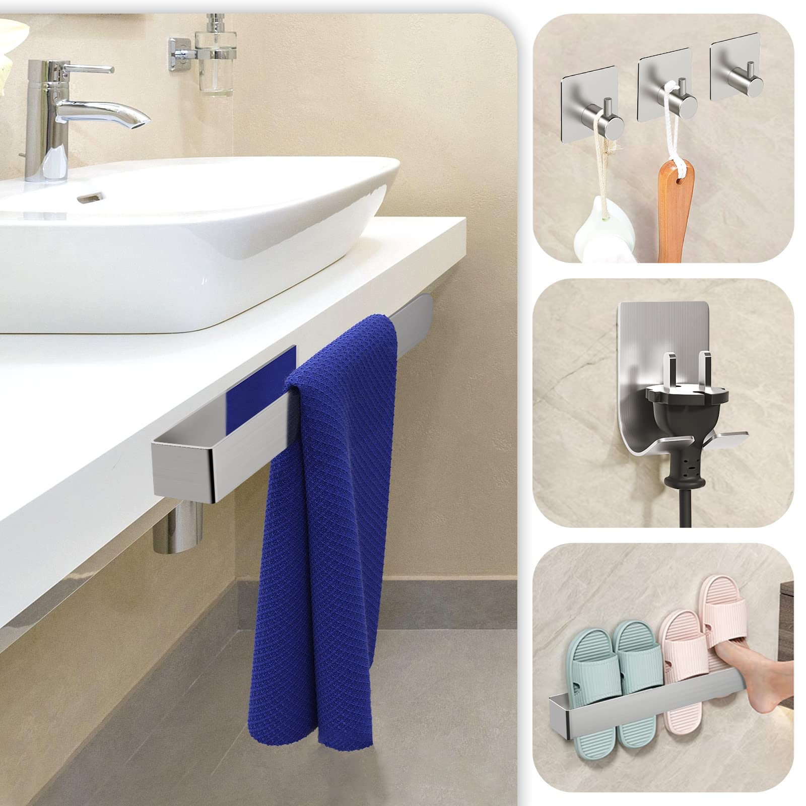 AIKER Porta Asciugamani Bagno,Set di Accessori, Adesivo 7PCS,Acciaio Inossidabile 304 Ispessito di Alta Qualità Per Mobili o arredo a Parete