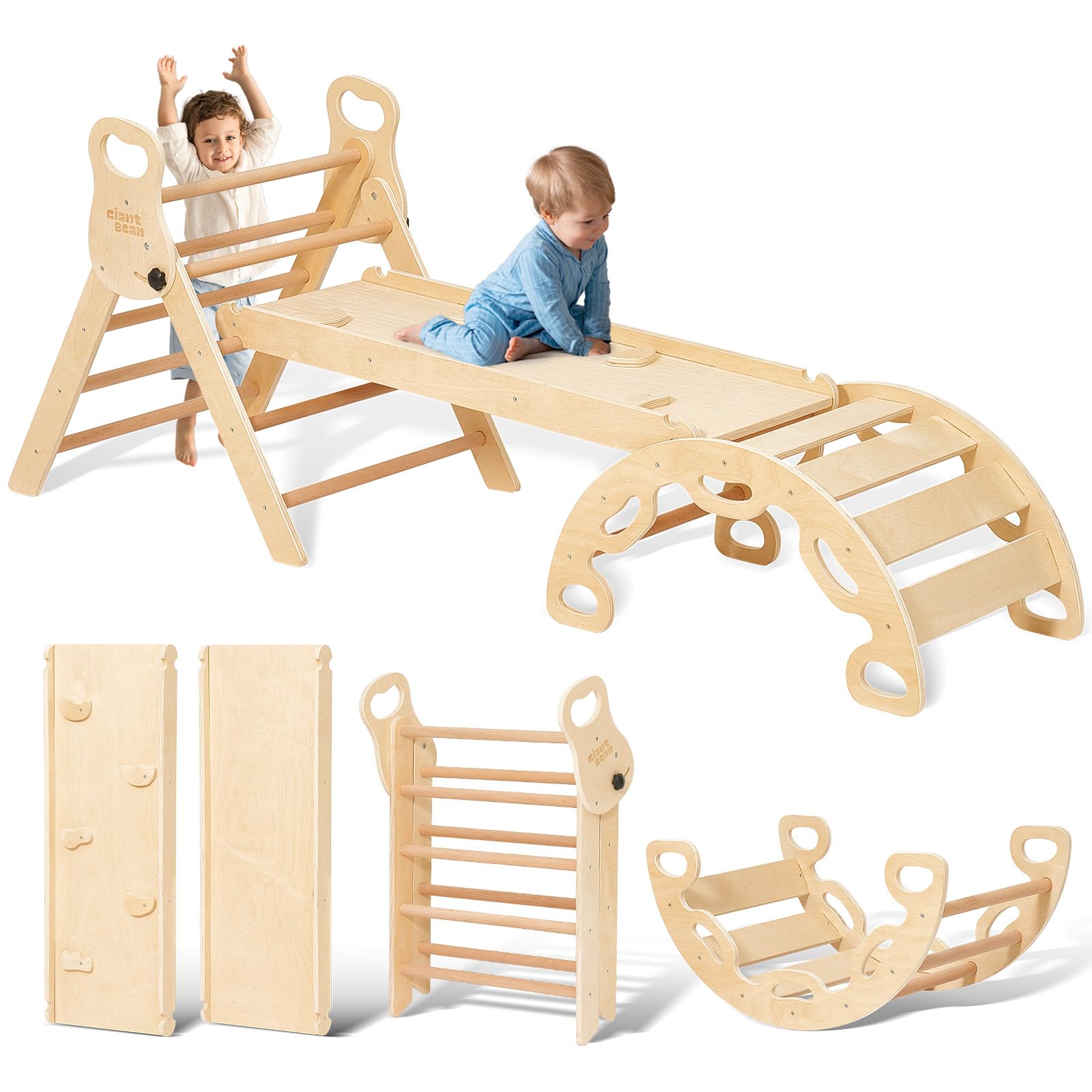 Giant bean Indoor Climbing Frame for Toddlers, Wooden Foldable 5 in 1 Baby Montessori Climbing Toys Set with Handle, Pikler Triangle Set with Sliding Ramp and Arch, Jungle Gym for Kids 1-3