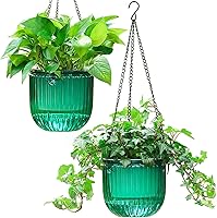 Melphoe 2 Pack 6.5 Inch Self-Watering Hanging Planters Indoor Outdoor Flower Pots Emerald Green with Drainage Hooks