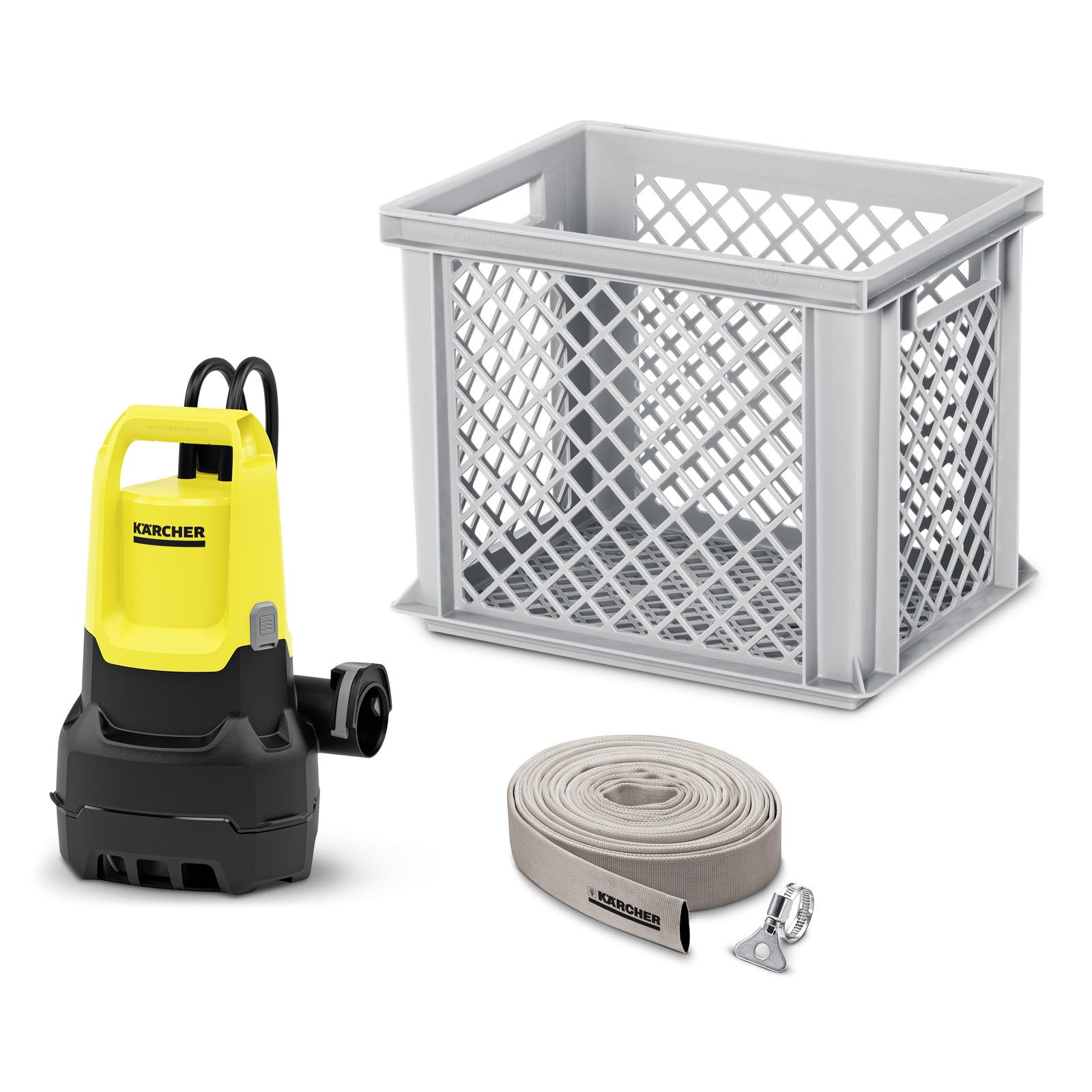 KÄRCHER Elettropompa a Immersione SP 16.000 Flood Box, Portata 16.000 l/h, Filtra Particelle Fino a 20 mm, Altezza Acqua Residua 25 mm, Incl. Tubo in Tessuto da 10 m e Cestello di Raccolta