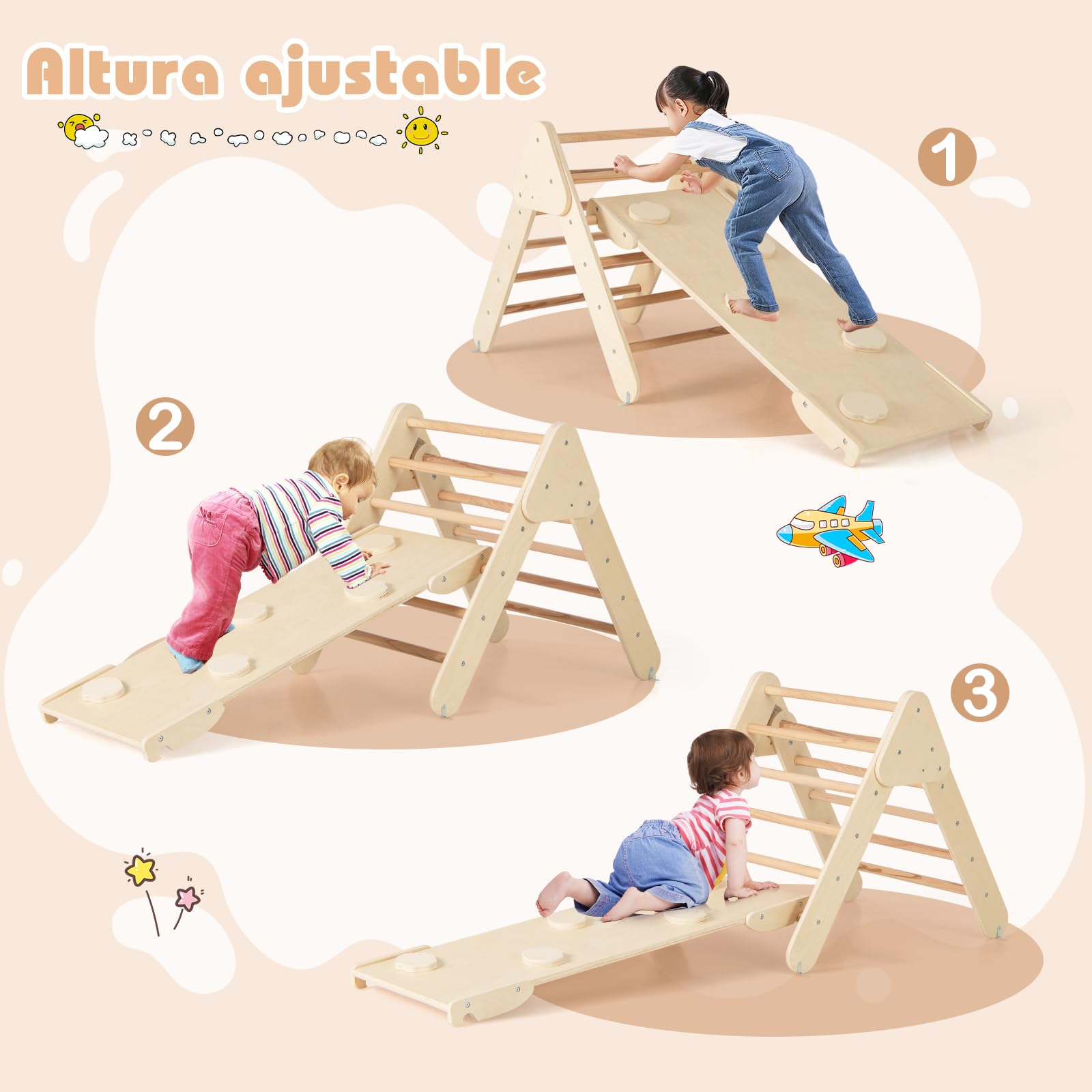 COSTWAY 7 en 1 Triángulo de Escalada de Madera para Niños, Juego de Escalada con Triángulo/Arco/Rampa para Deslizarse o Escalar, Set de Escalada Montessori para Niños 1+ Año, Natural (Ancho 55cm)