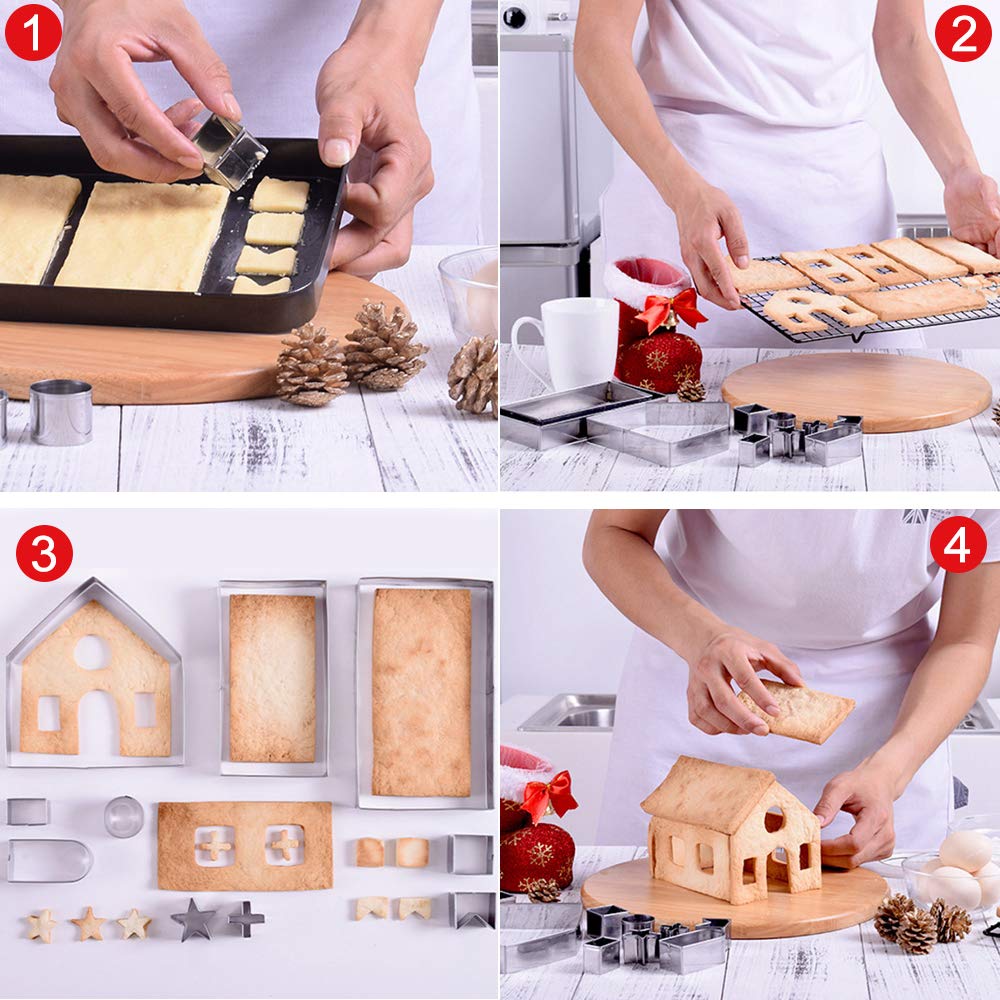 Juego de 10 moldes para galletas en 3D para casa de galletas de galletas de invierno, vacaciones, fiestas de Acción de Gracias, galletas de acero inoxidable para tartas, kit de bricolaje, pastelería