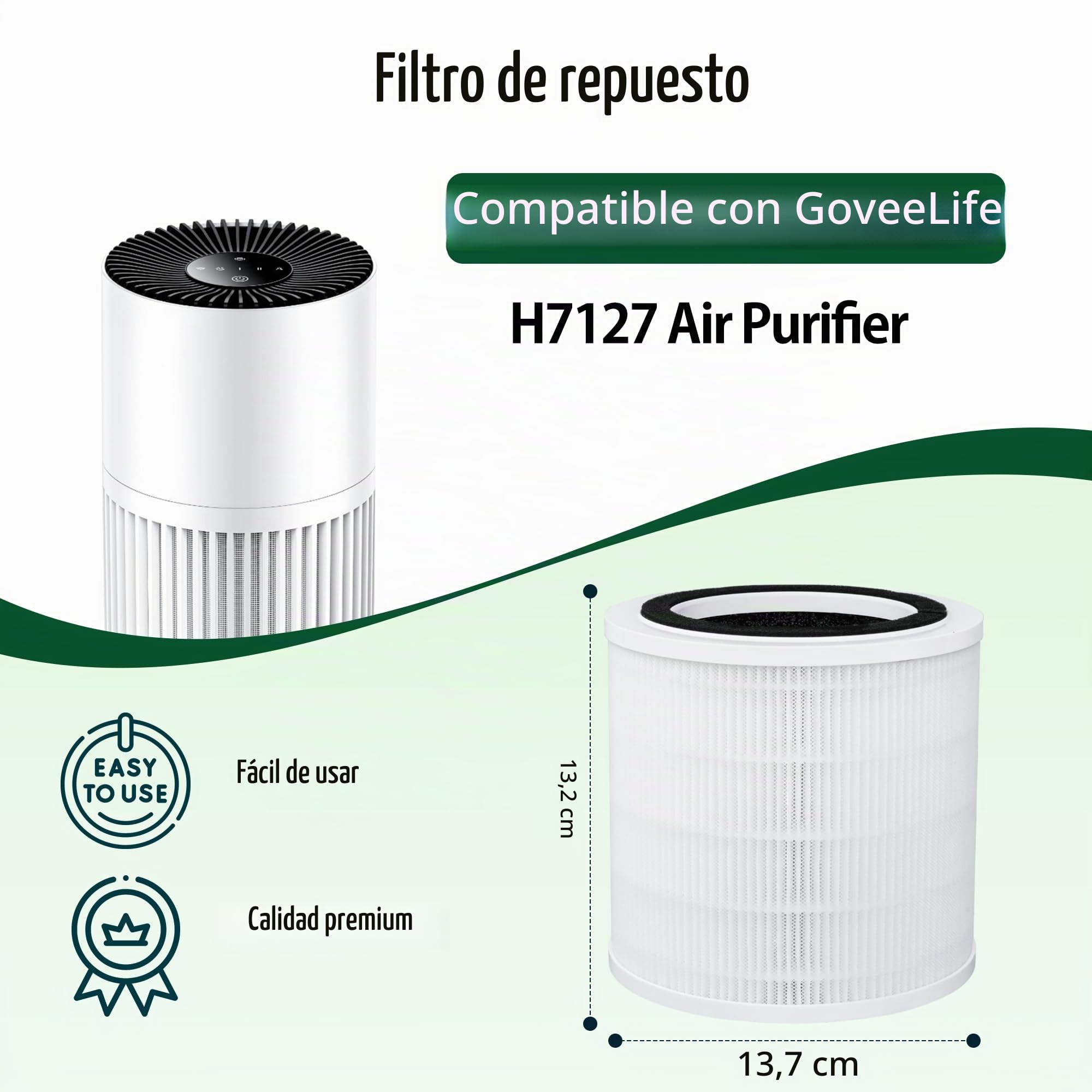 H7127 - Filtro de repuesto para GoveeLife H7127 Mini, 3 en 1 H13 HEPA+prefiltro