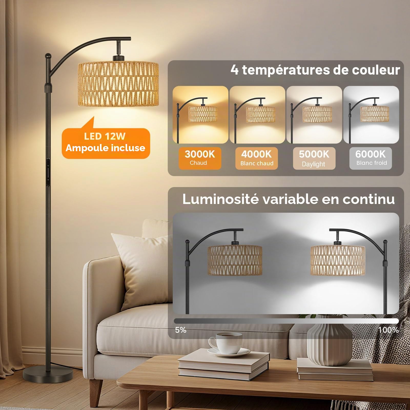 OUTON Lampadaire sur Pied en Rotin, Lampadaire Arc Boho avec App, Télécommande et Commande Tactile, 4 Températures de Couleur, 2 Abat-jours, 12W Lampadaires Vintage pour Salon, Chambre, Bureau, Noir