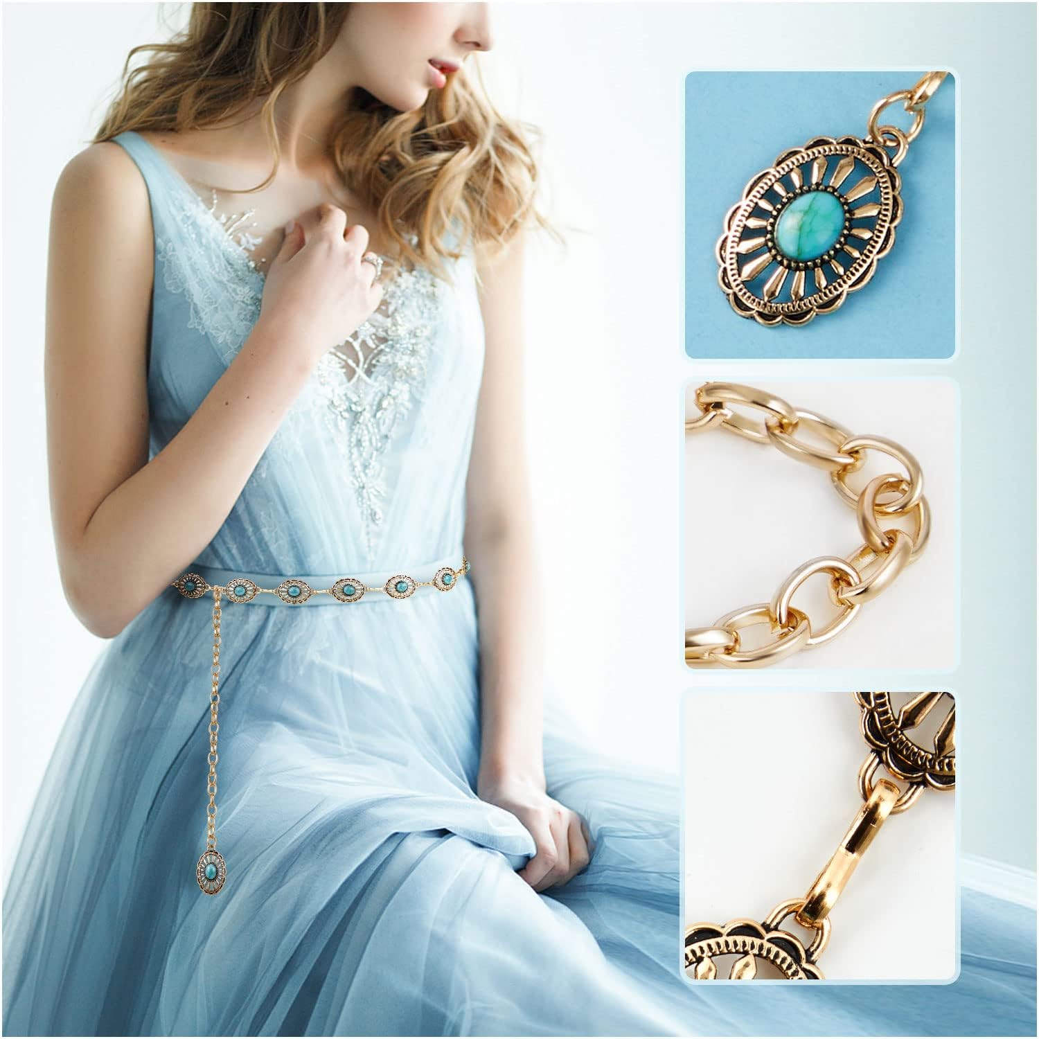 FIORETTO Metal Waist Chain Link Belt for Women Western Cowgirl Boho Turquoise Belts for Dress Jeans Country Concert Outfit - Image 4