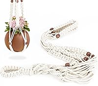 NECAMOCU Handmade Macrame Plant Hanger 33 Inch Ivory with Colored Wood Beads, No Tassel, 2 Hooks for 6-12" Indoor Outdoor Pots