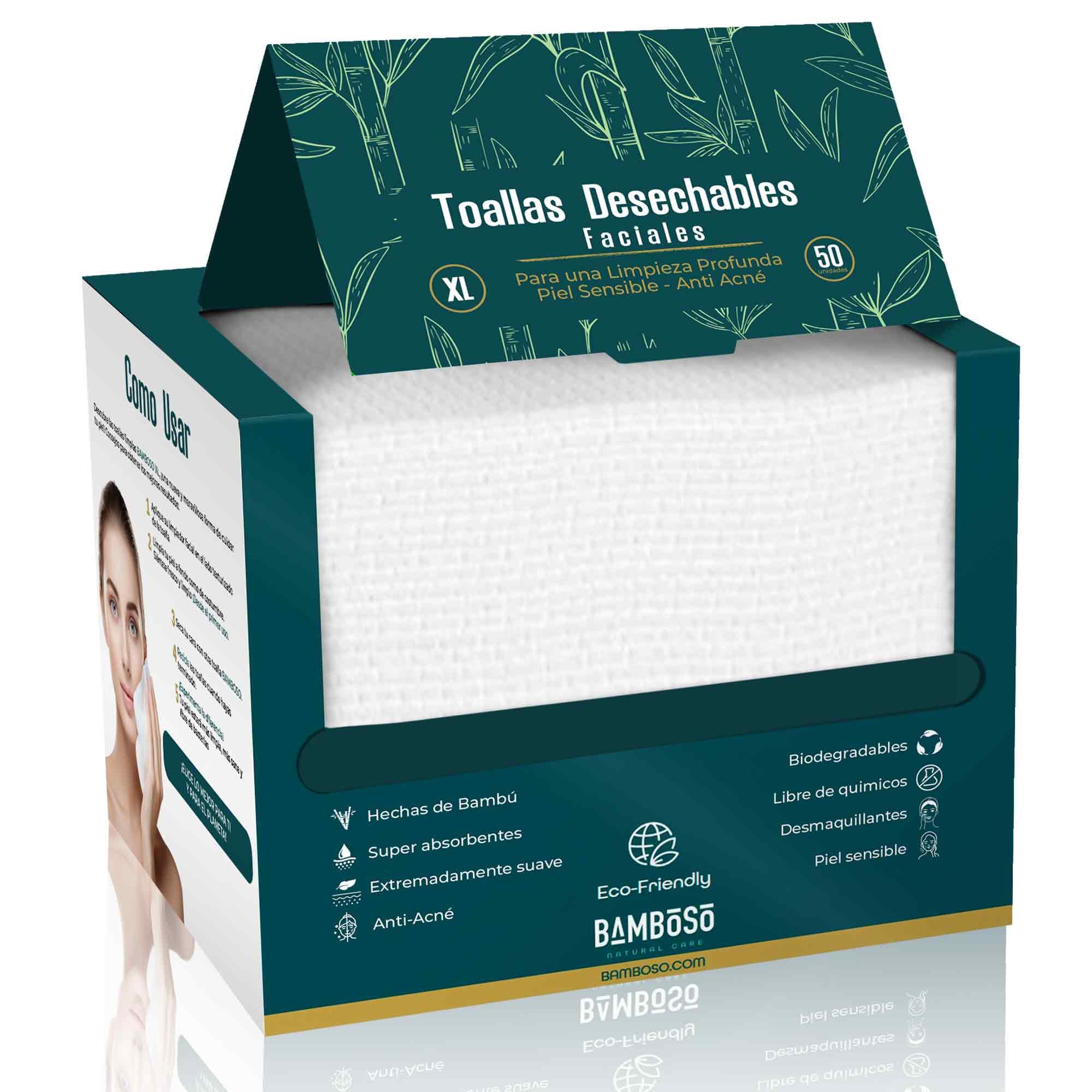 Toallas Desechables Faciales Biodegradables Hechas de Bambú para Piel Sensible 50 unidades Tamaño XL Grande | Toallitas Faciales Desechables Secas Anti-Acné