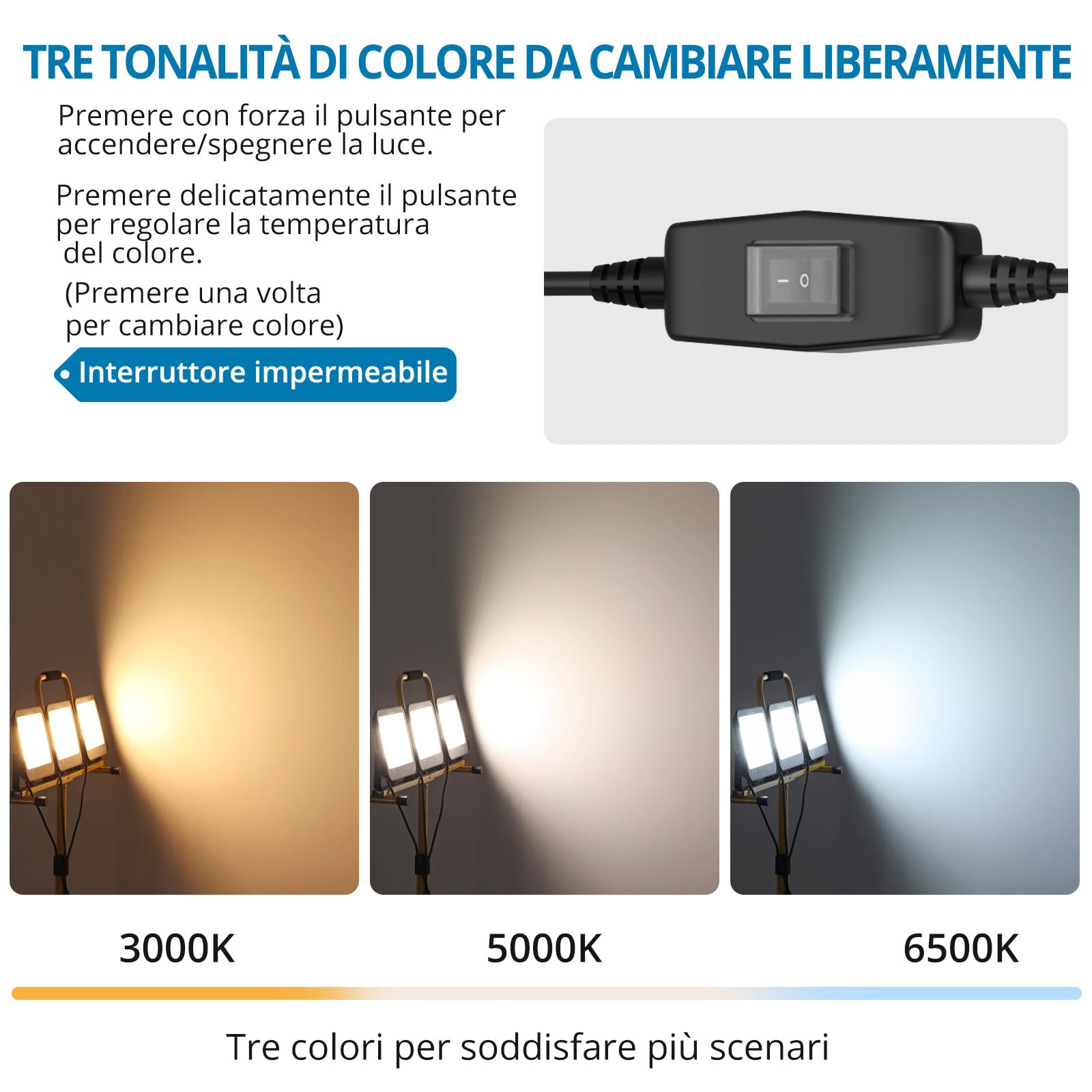AUTOUTLET Faretto da Cantiere con Treppiede Allungabile,3x 100W 27000LM Faro Led Ricaricabile con 3 Temperature Colore e Cavo di Alimentazione da 5 M,IP66 Impermeabile,per Garage Officina e Esterno