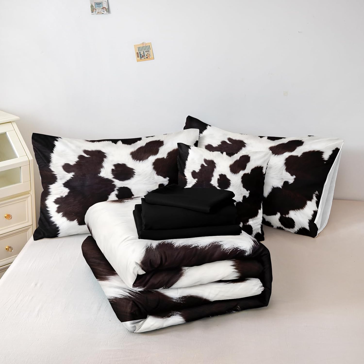 Bedbay Cowhide Comforter Set Queen Size Bed in a Bag Set Boys Girls Western Farmhouse Cow Print Bedding Set Black White Brown Cowhide Printed Rustic Bedding Comforter 8 Pieces (Cow Print,Queen) - Image 3