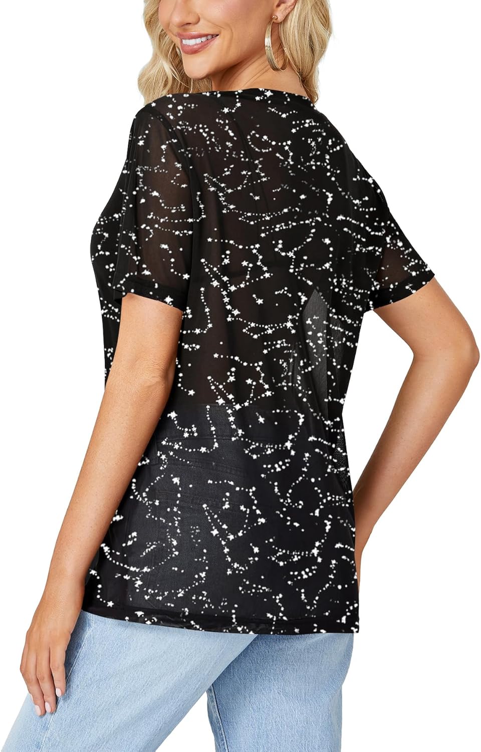 Rooscier Women's Sheer Mesh Short Sleeve Round Neck See Through Sexy Blouse Shirt Top - Image 5