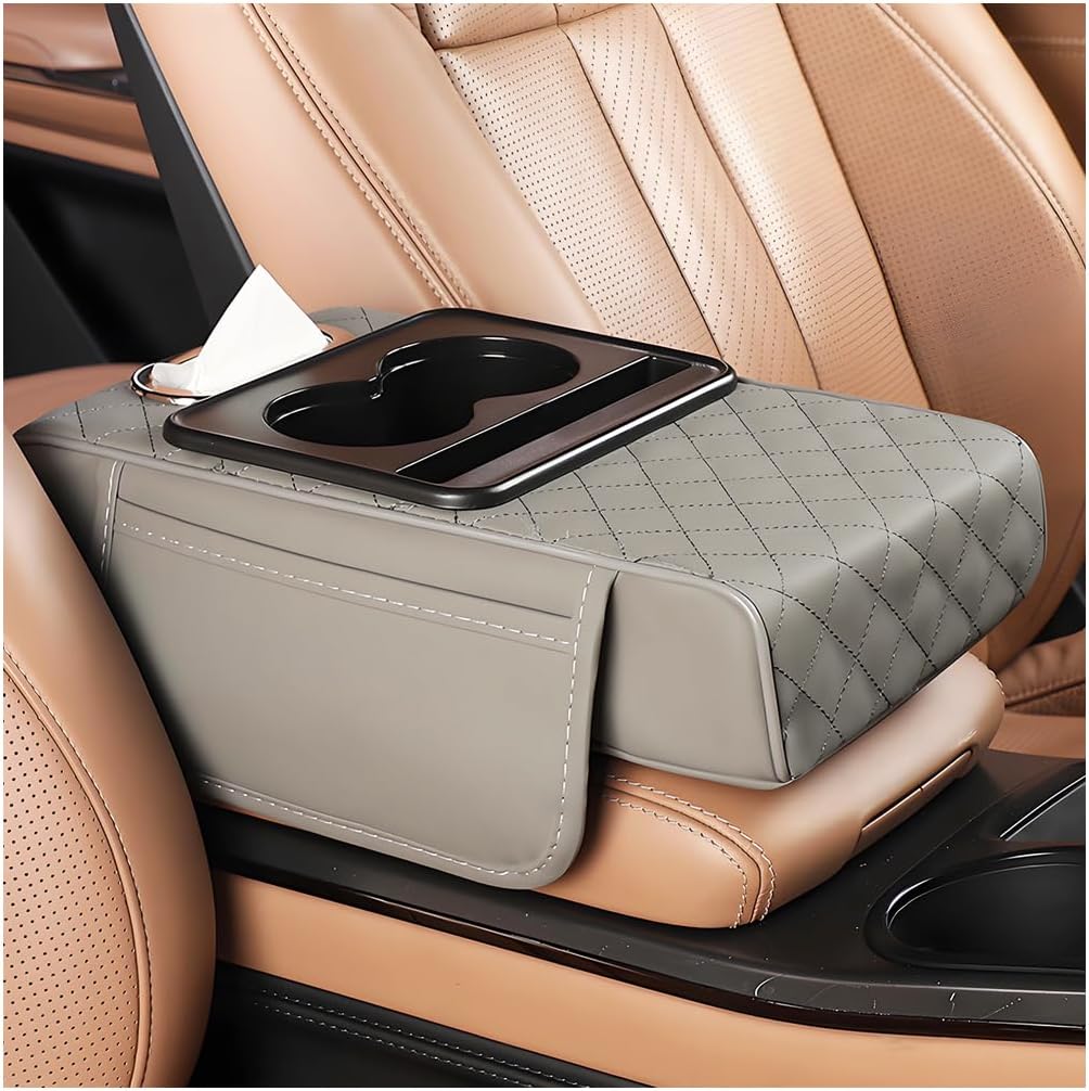 Car Armrest Cushion, 5-in-1 Nappa Leather Vehicle Centre Console Cover with 2 Storage Pockets, Cup Phone & Phone Holder, Multifunctional Auto Organiser Accessories, Universal Fit (Black)
