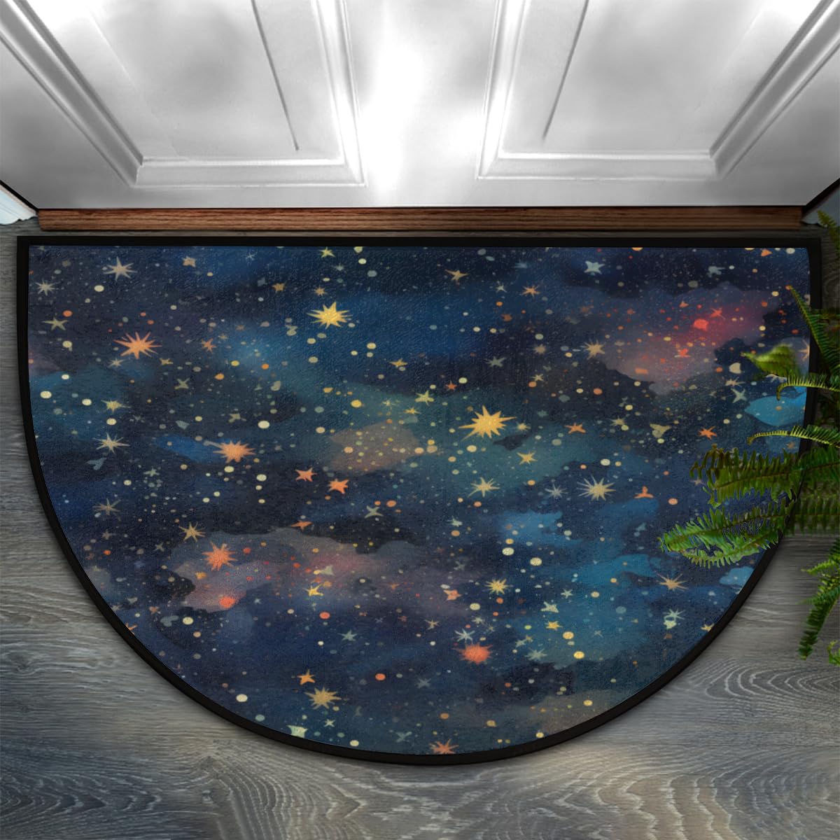 Half Round Door Mat, Universe Galaxy Non-Slip Half Circle Area Rug Glow Stars Doormat Washable Durable Home Decor Half Moon Rug for Floor Indoor Outdoor Living Room Bedroom Kitchen Patio