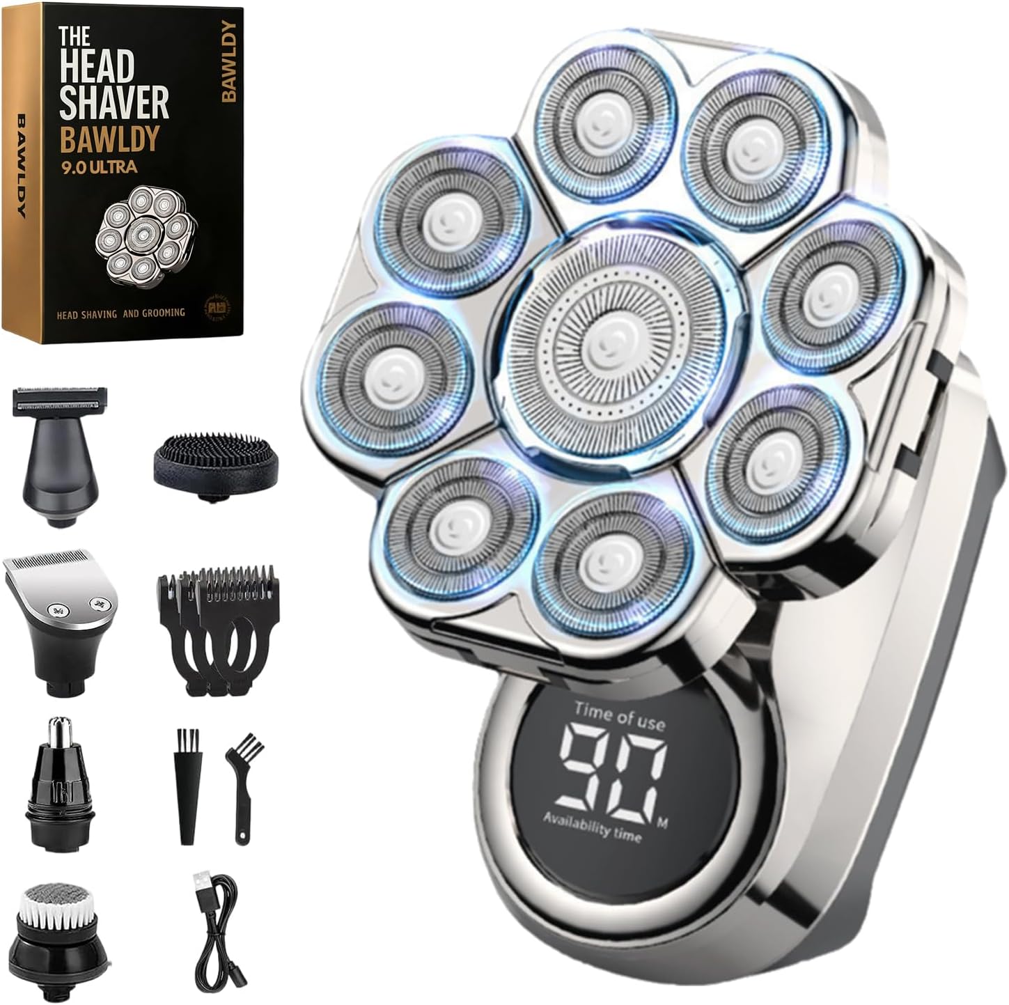9.0 Ultra Shaver, 9d Floating Head Shavers, 6-in-1 Detachable Head, Ultra-Sharp Dual-Track Blades, IPX7 Waterproof, Intelligent LED Display, 90 Minute Runtime (Silver 1p)