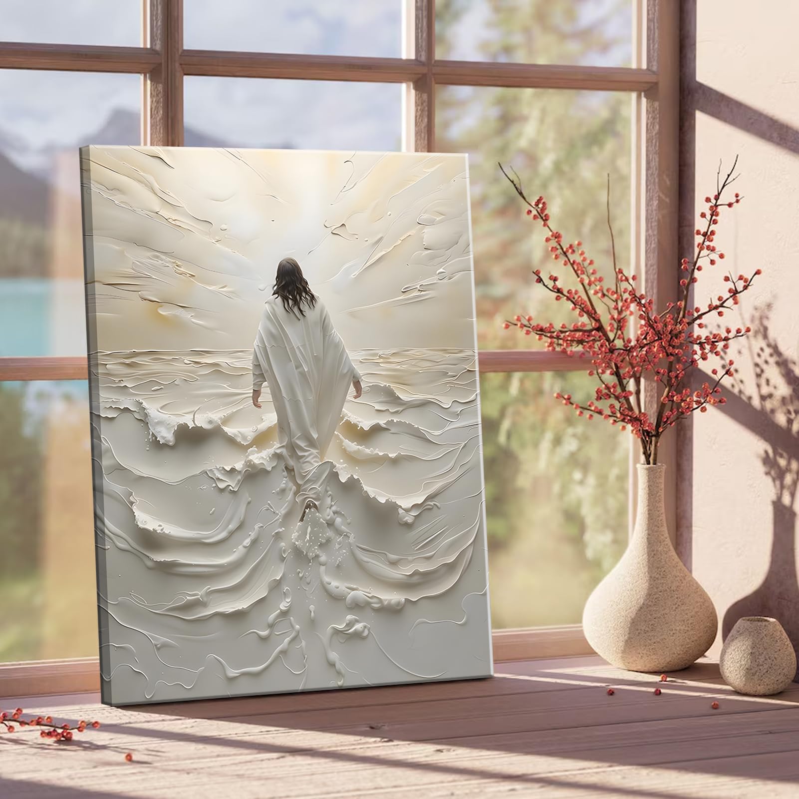 Abstract Jesus Walking on Water Canvas Wall Art Christian Spiritual Wall Decor Pictures Divine Light Modern Religious Posters Prints for Living Room Bedroom Church Decoration 12x16in