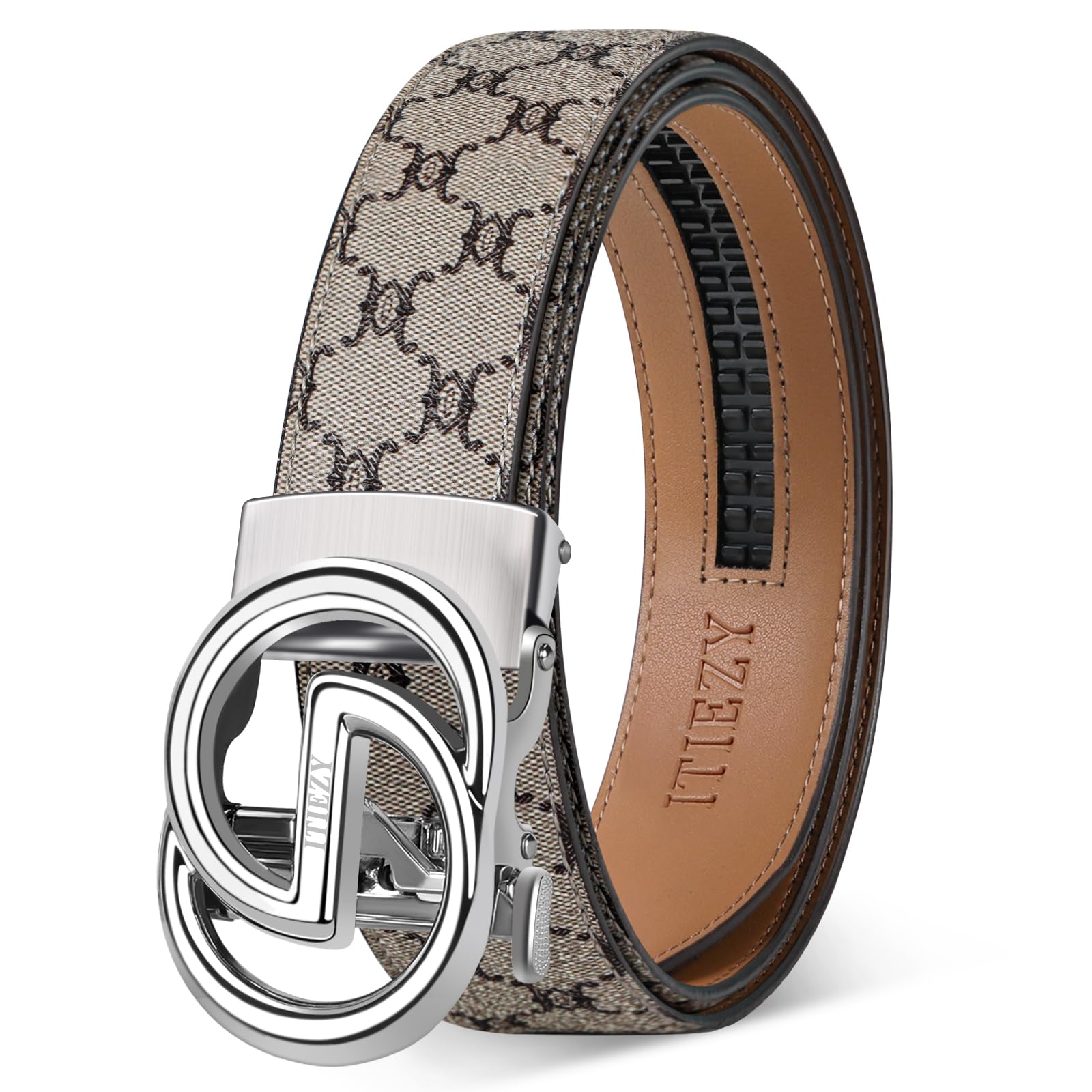ITIEZY Gürtel Herren mit Vintage-Print, Ledergürtel Ratsche Automatikschließe für Männer Business Anzug, Verstellbarer 35mm Herrengürtel, Größe Angepasst