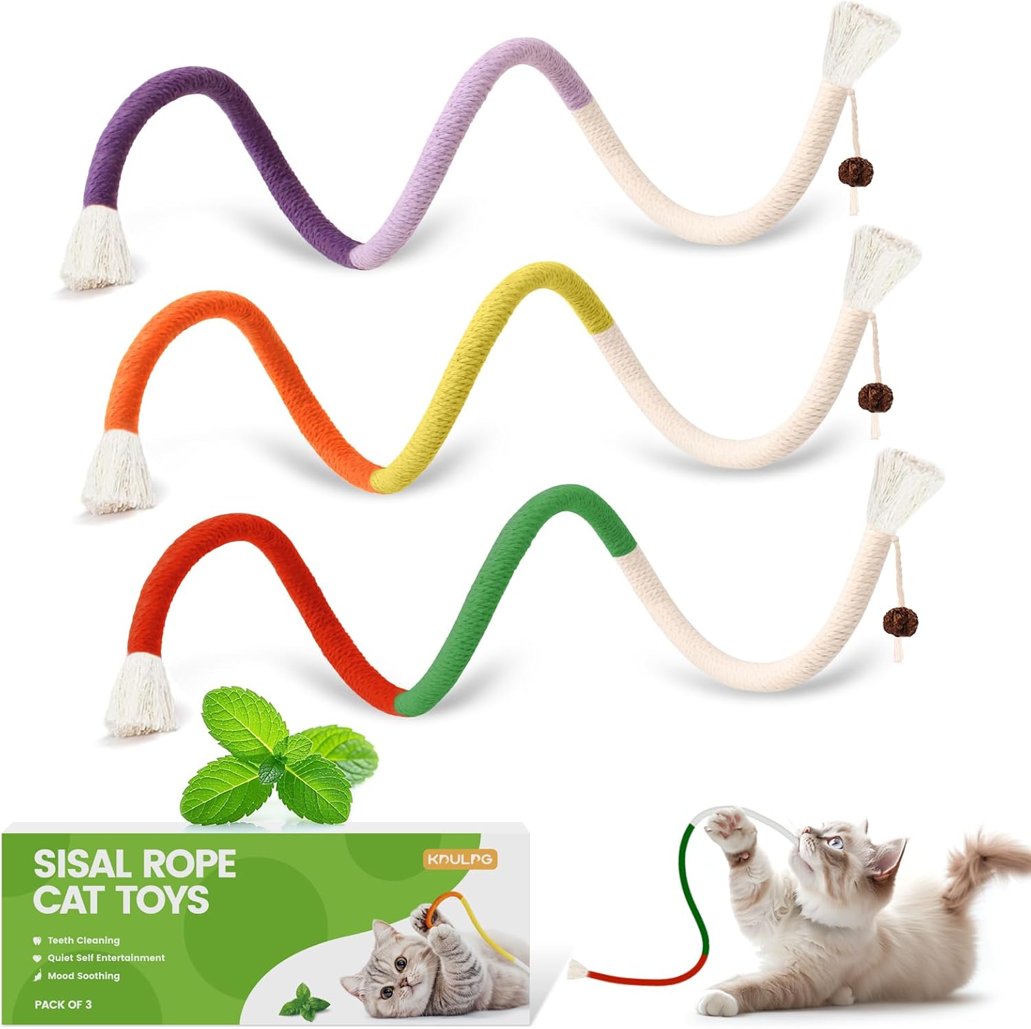 Natural Catnip Chew Rope for Cats – Pack of 3 (27 Inches Each) | Includes Refillable Catnip Pouch | Interactive Cat Toys for Indoor Cats & Kittens | Stress Relief, Dental Health & Enrichment Play