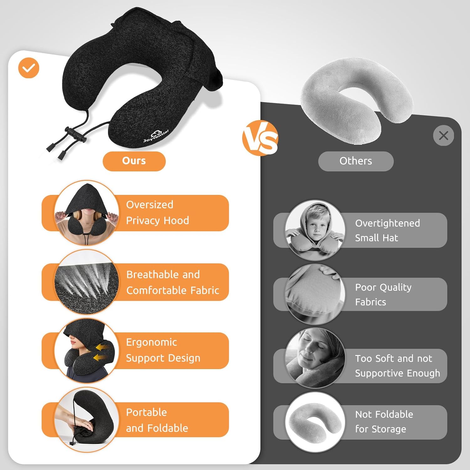 Travel Neck Pillow with Large Hood for Long Flights, Privacy Hooded Plane Pillow with Skin-Friendly Cover, Comfort Memory Foam, Travel Pillows for Road Trip, Airplane, Office Rest (Black) - Image 4