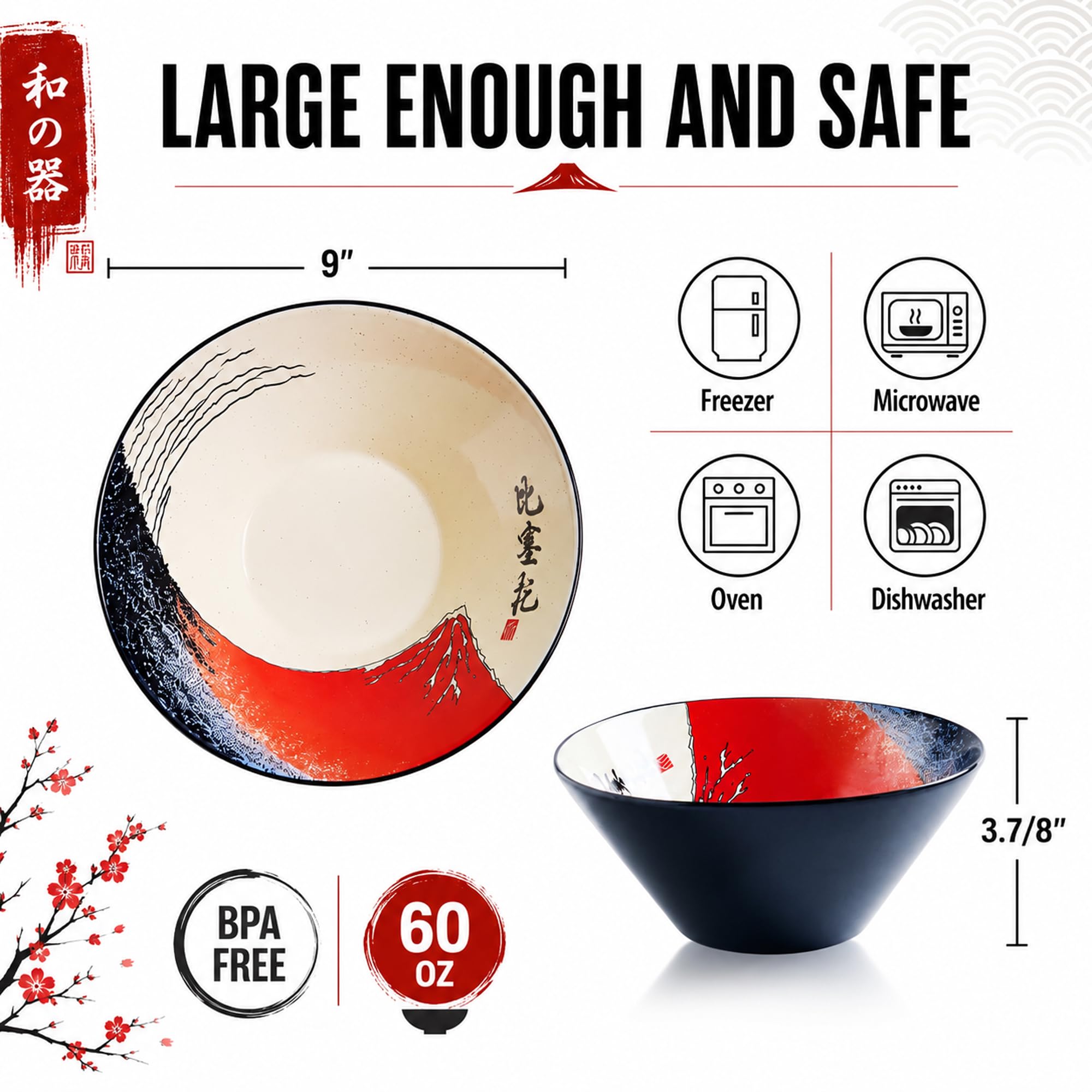BICETTO Juego de cuencos japoneses para ramen con diseño Fuji rojo, cuencos grandes de cerámica de 60 onzas, cucharas, palillos para ramen, ensalada, poke, regalo premium para los amantes del ramen,