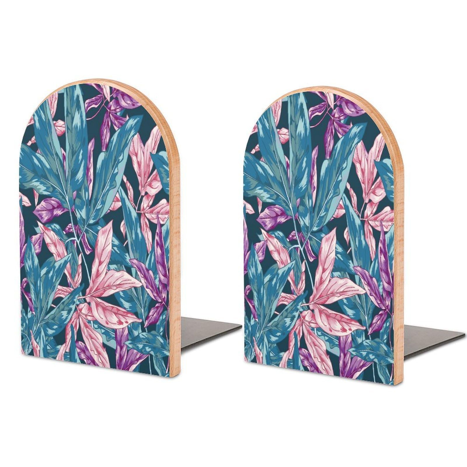 Seamless Vintage Jungle Vector Pattern Beech Wood Bookends Heavy Duty Book Organizers Desktop File Holder for Office Home Bookshelf