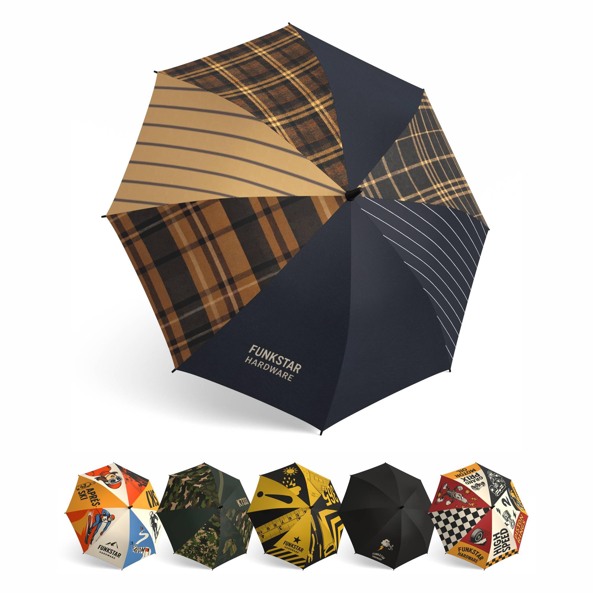 Funkstar Hardware Classic stick umbrella | London tailor design | 115cm windproof fiberglass | Auto open | Waterproof | Large canopy | Designer gift for men and women