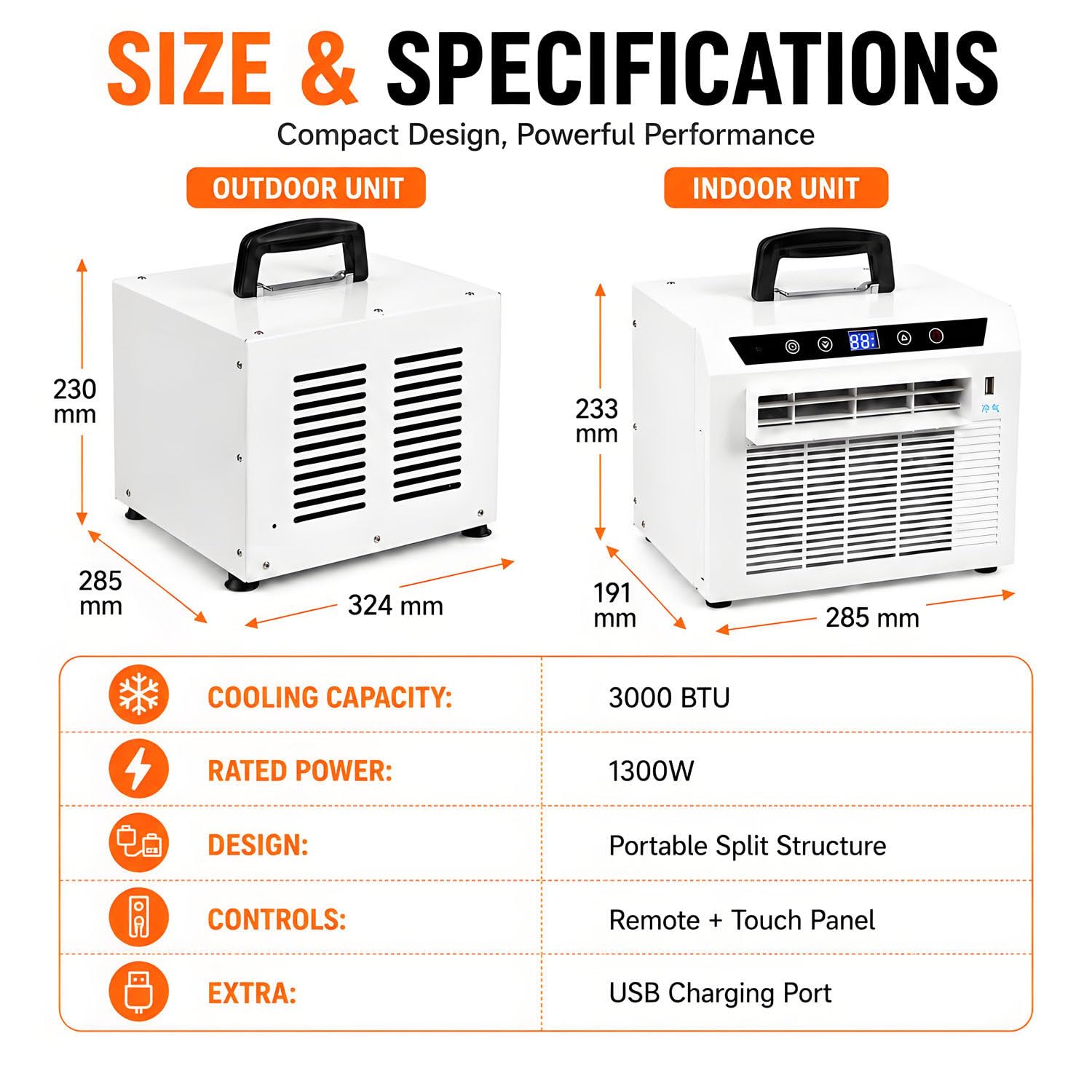 Aire Acondicionado Split de 3000BTU,Panel táctil y Control Remoto,Temporizador de 24horas,diseño portátil para la Oficina y el Camping,fácil instalación sin Montaje 1-meterconnectingpipe