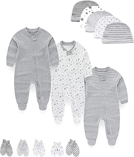 MAMIMAKA Baby MAMIMAKA Newborn Baby Clothes Sleepsuit Set 2-Way Zip Cotton Footed Pajamas, Caps and Scratch Mittens 0-6 Months