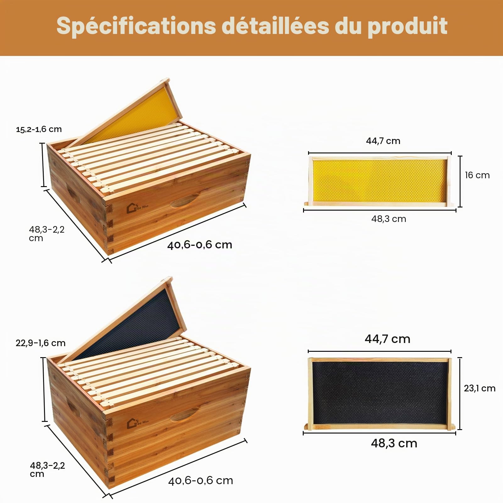Kit de démarrage de ruche avec 2 boîtes profondes + 1 boîte moyenne, butin en bois massif avec 10 cadres et fondations cirées, boîte à ruche durable