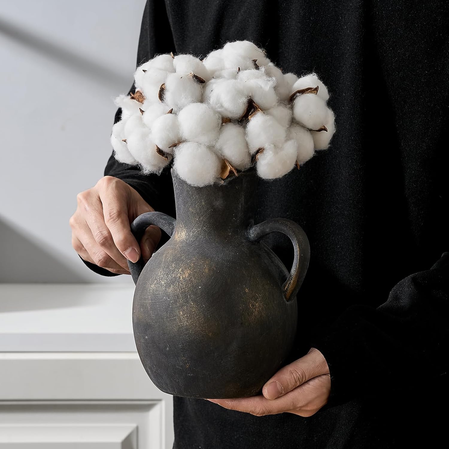 SIDUCAL Rustic Ceramic Farmhouse Flower Vase with 2 Handles, Terracotta Vase, Decorative Pottery Flower for Home Decor, Table, Wedding, Living Room, Shelf Decor, 7.3 Inch, Black Bronze - Image 5