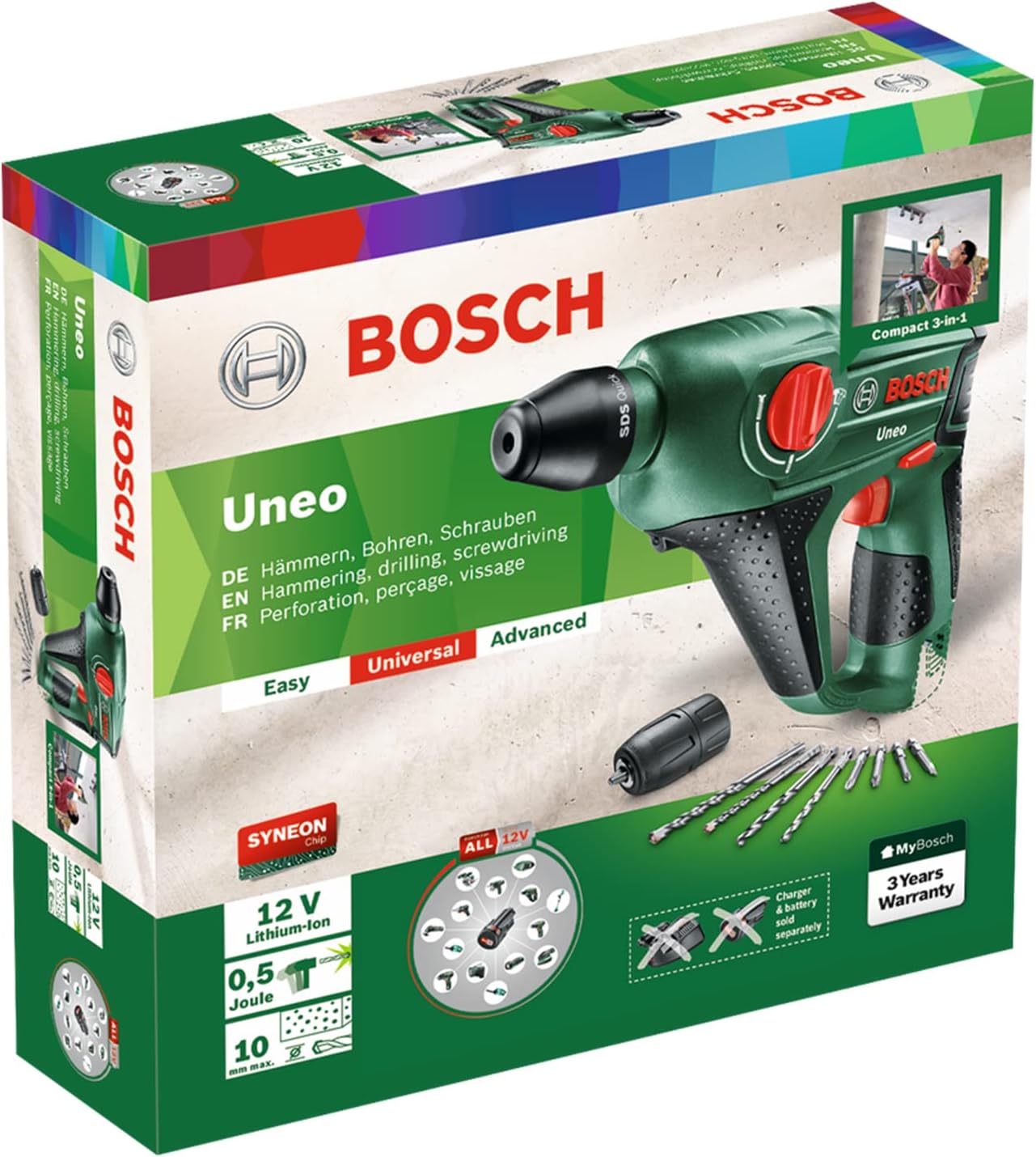 Bosch Home and Garden Cordless Rotary Hammer Uneo (without battery, 12 Volt System, in carton packaging)