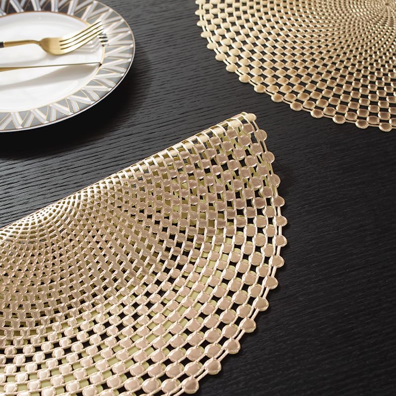 Miniatura 3 de Paquete de 6 manteles individuales redondos de PVC, manteles individuales redondos, impermeables, a prueba de aceite (dorado)